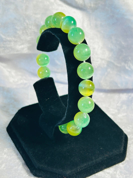 Aura Selenite Beaded Bracelet: Yellow & Green, Stretchy, with Velvet Bag