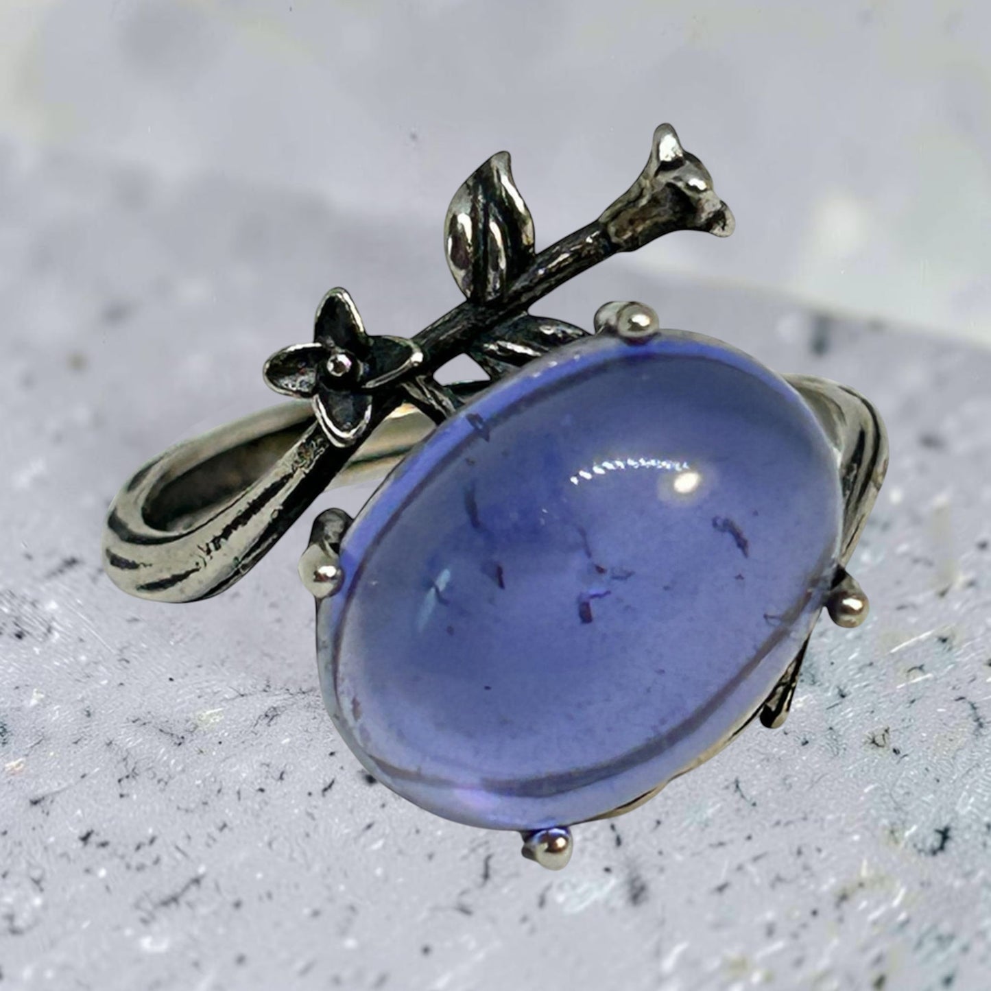 Blue Fluorite Ring with Nature Inspired Floral Design • 925 Sterling Silver • Adjustable • Gift Box