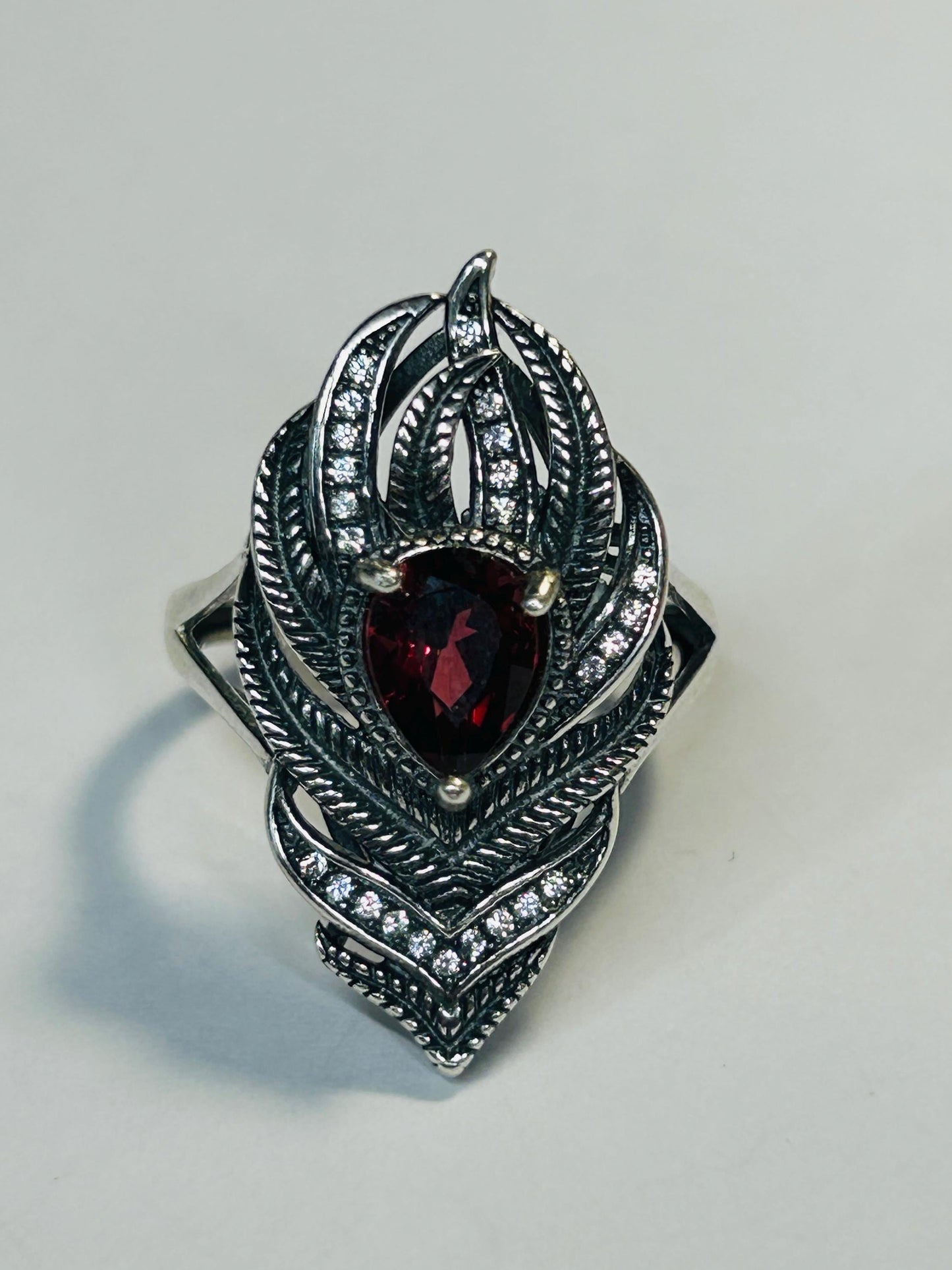 925 Silver Feather Ring • Peacock Feather with Garnet Gemstone • CZ Accents • Adjustable • Giftbox