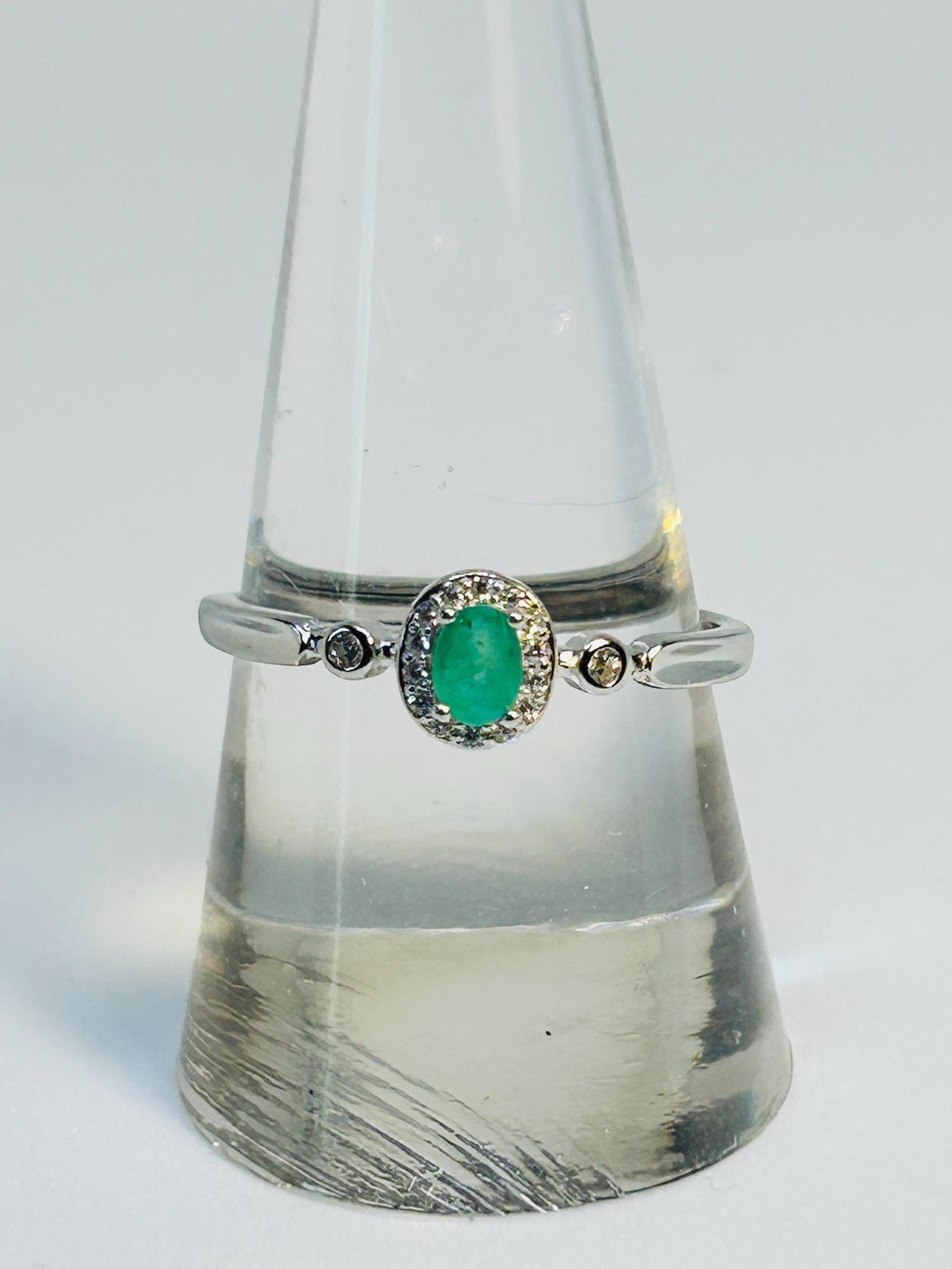 Dainty Stacking Ring with Emerald Gemstone & CZ Accents • 925 Sterling Silver • Adjustable • Gift Box