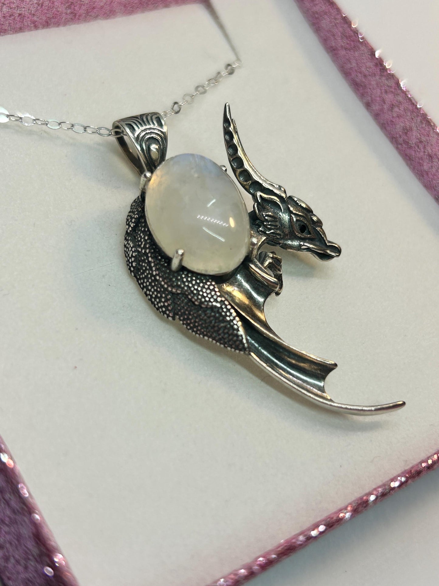 Dragon Pendant with Moonstone Gemstone • 925 Sterling Silver • Gift box