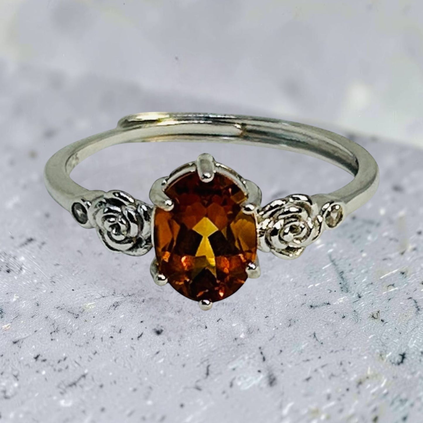 Floral Ring with Orange Citrine Gemstone • 925 Sterling Silver • Adjustable • Gift Box