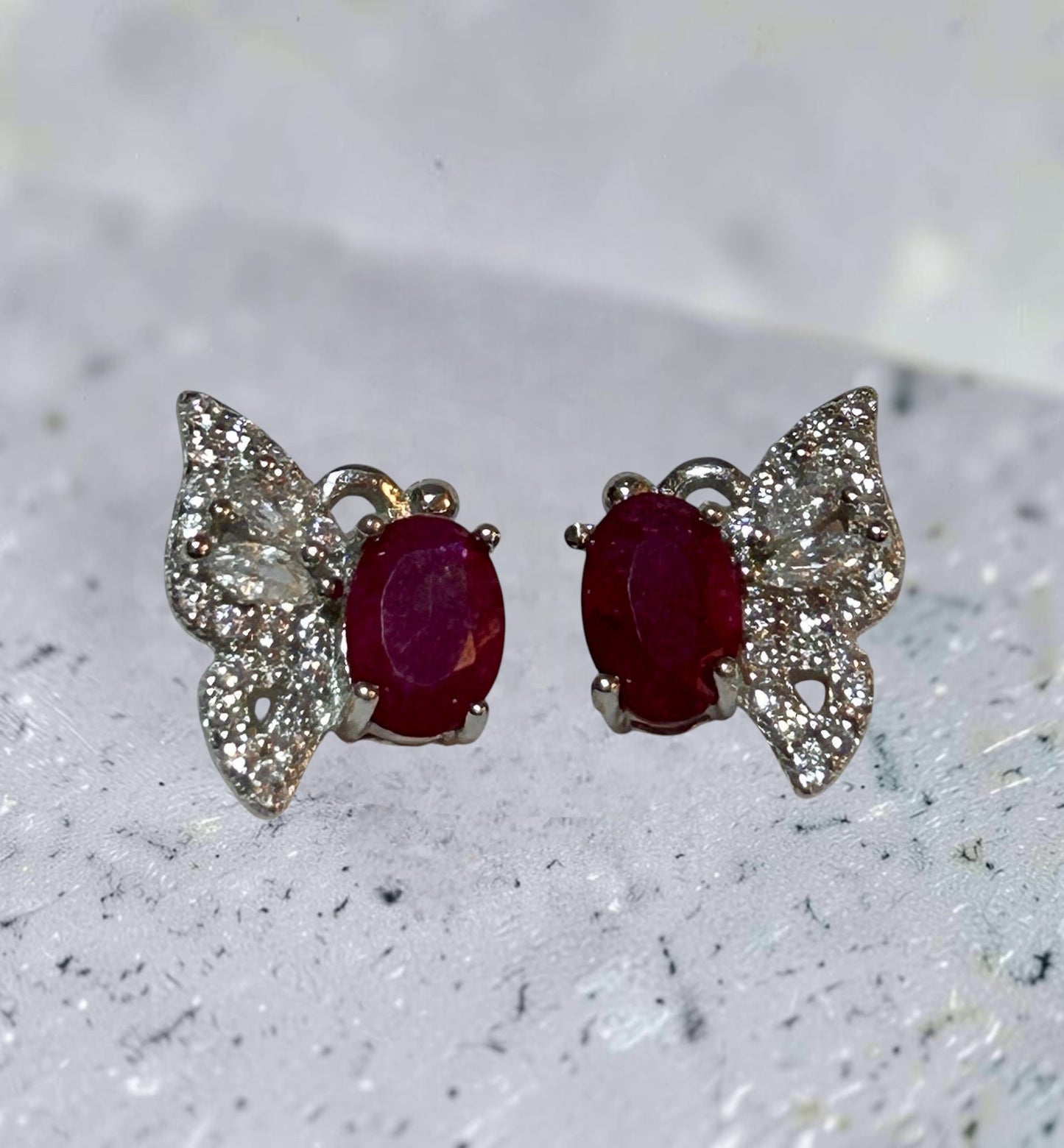 Butterfly Earrings with Ruby Gemstones • 925 Sterling Silver Studs • CZ Accents • Gift Box