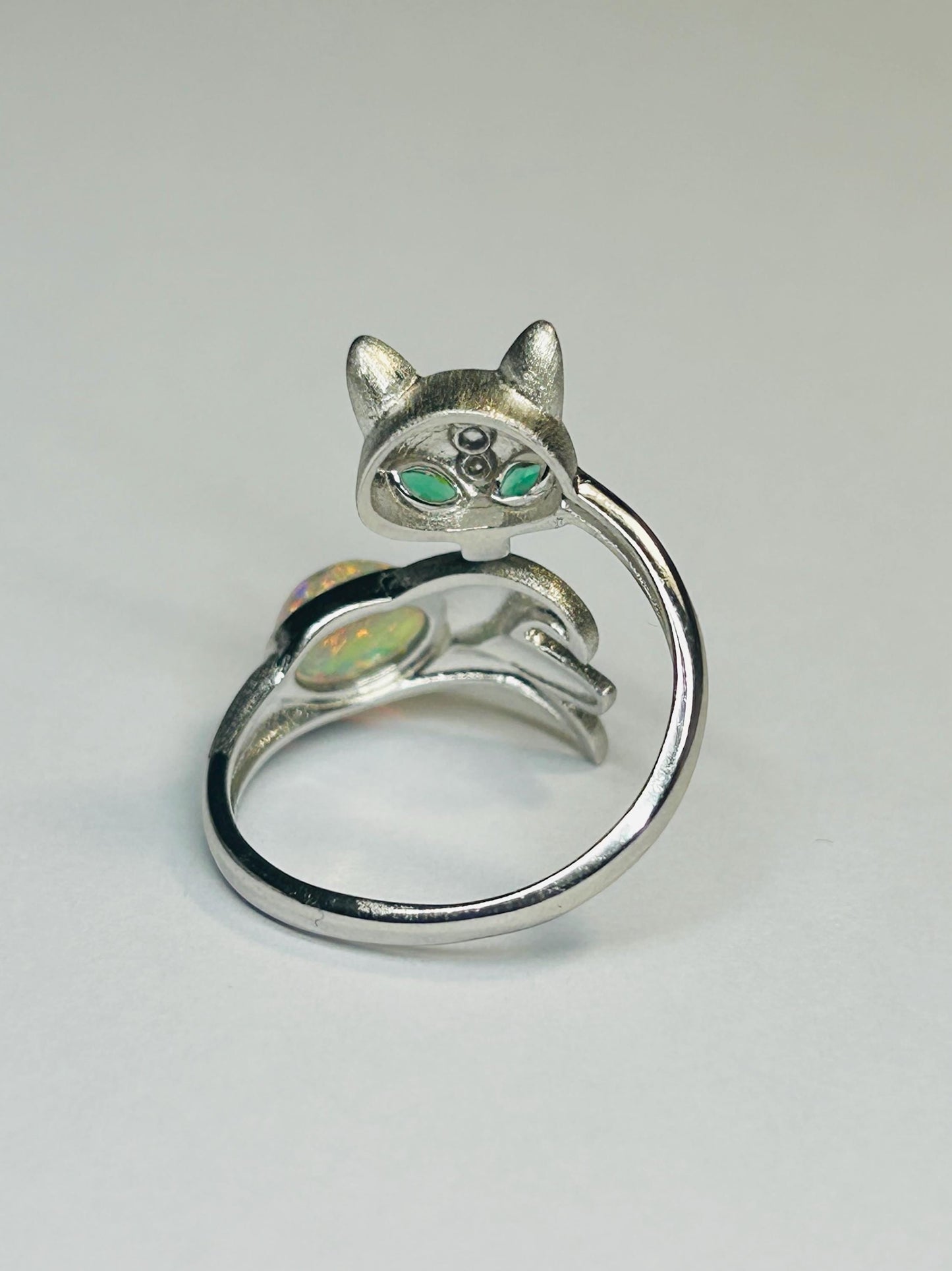 Fox Ring with Opal Cabochon • 925 Burnished Sterling Silver • Adjustable • with Gift Box