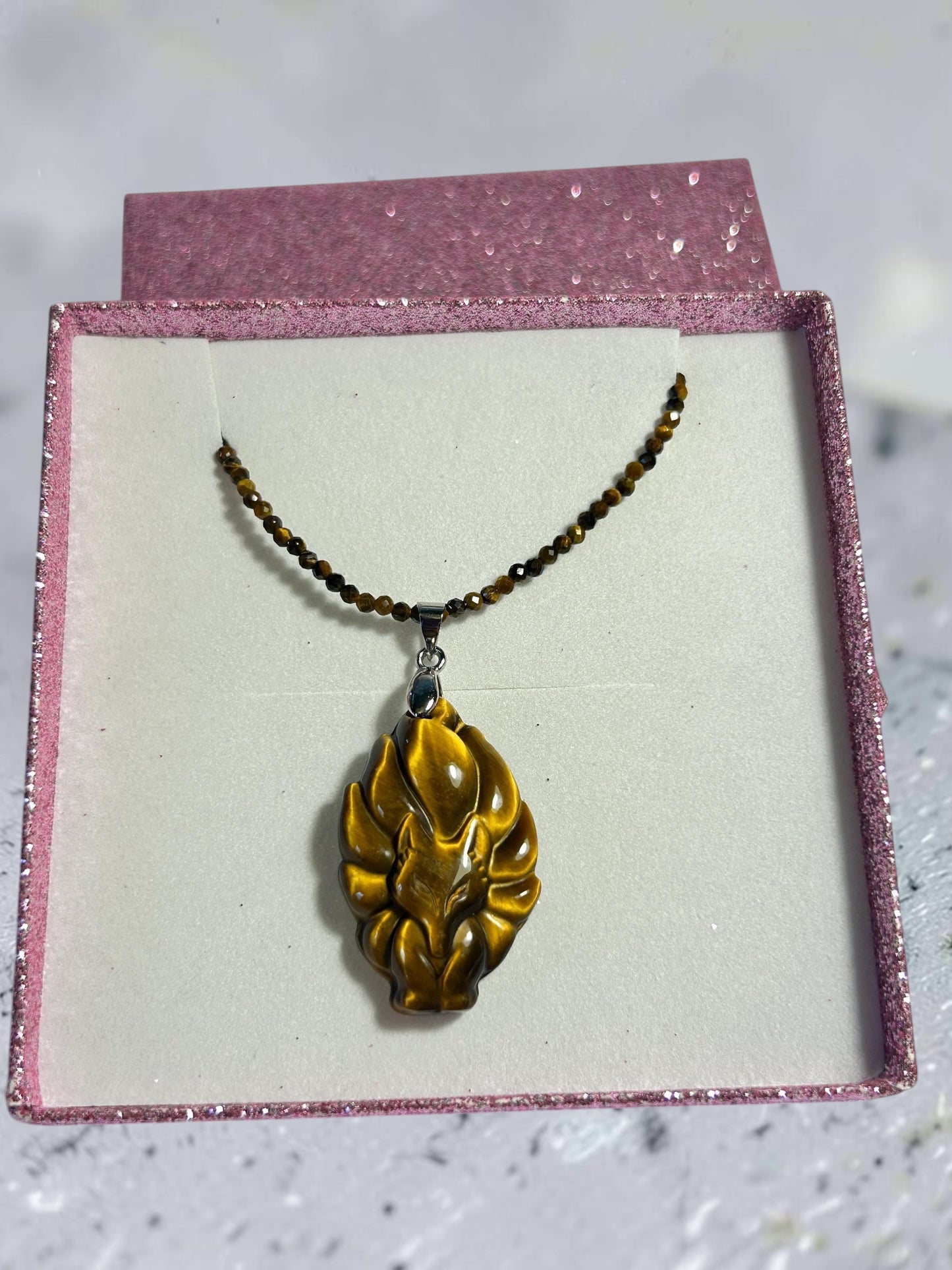 Nine Tailed Fox Necklace • Tigers Eye Gemstone Jewellery • Gift Box