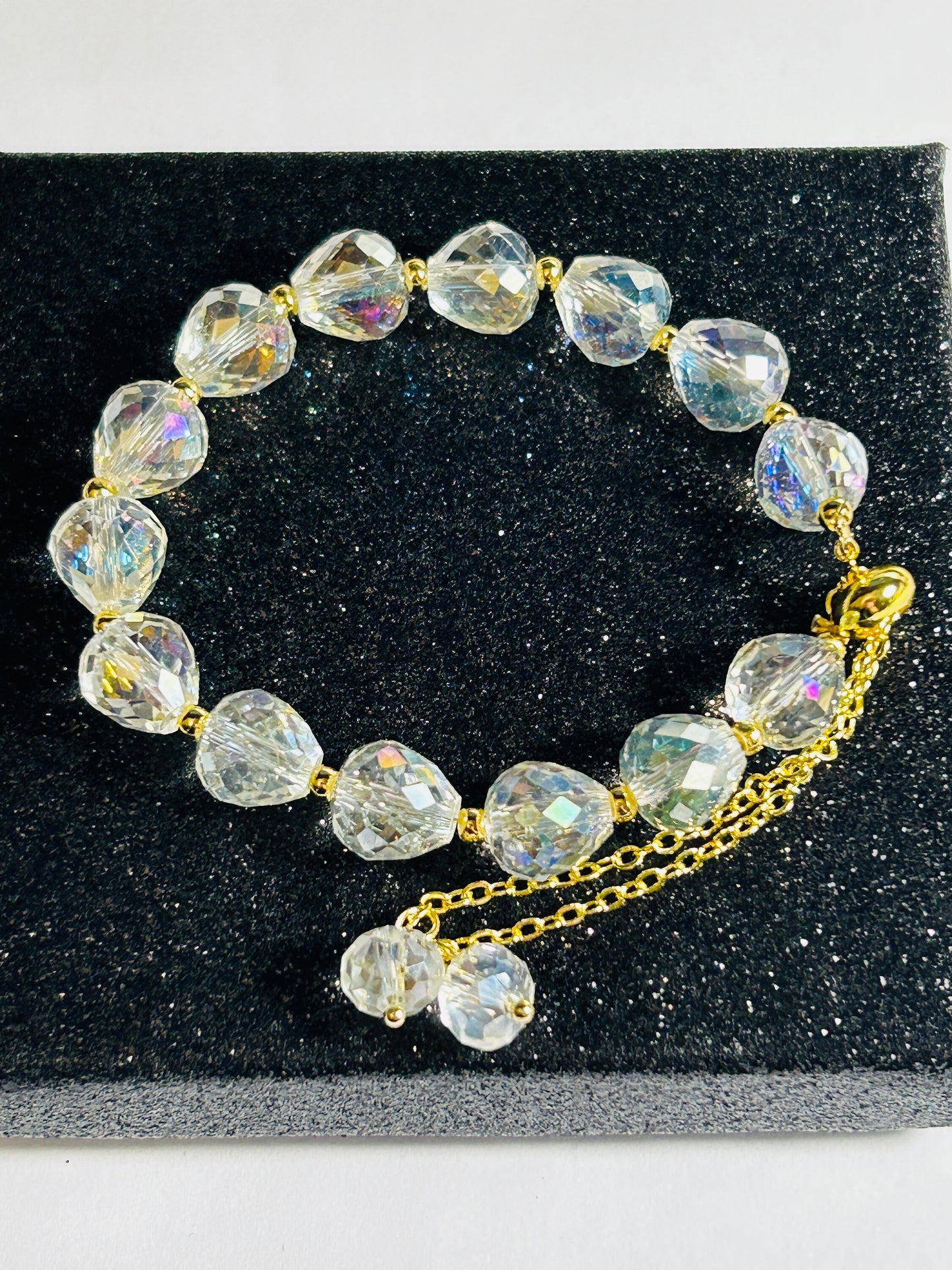 Wire Strung Adjustable Bracelet With Faceted AB Czech Glass Sparkly Beads With Velvet Giftbox