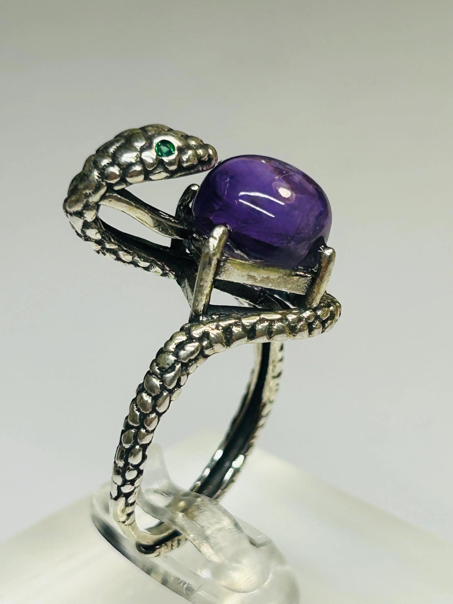 925 Silver Snake Ring with Amethyst - Adjustable Serpent Jewellery with CZ Eyes - Gift Boxed Celtic Dragon Jewellery