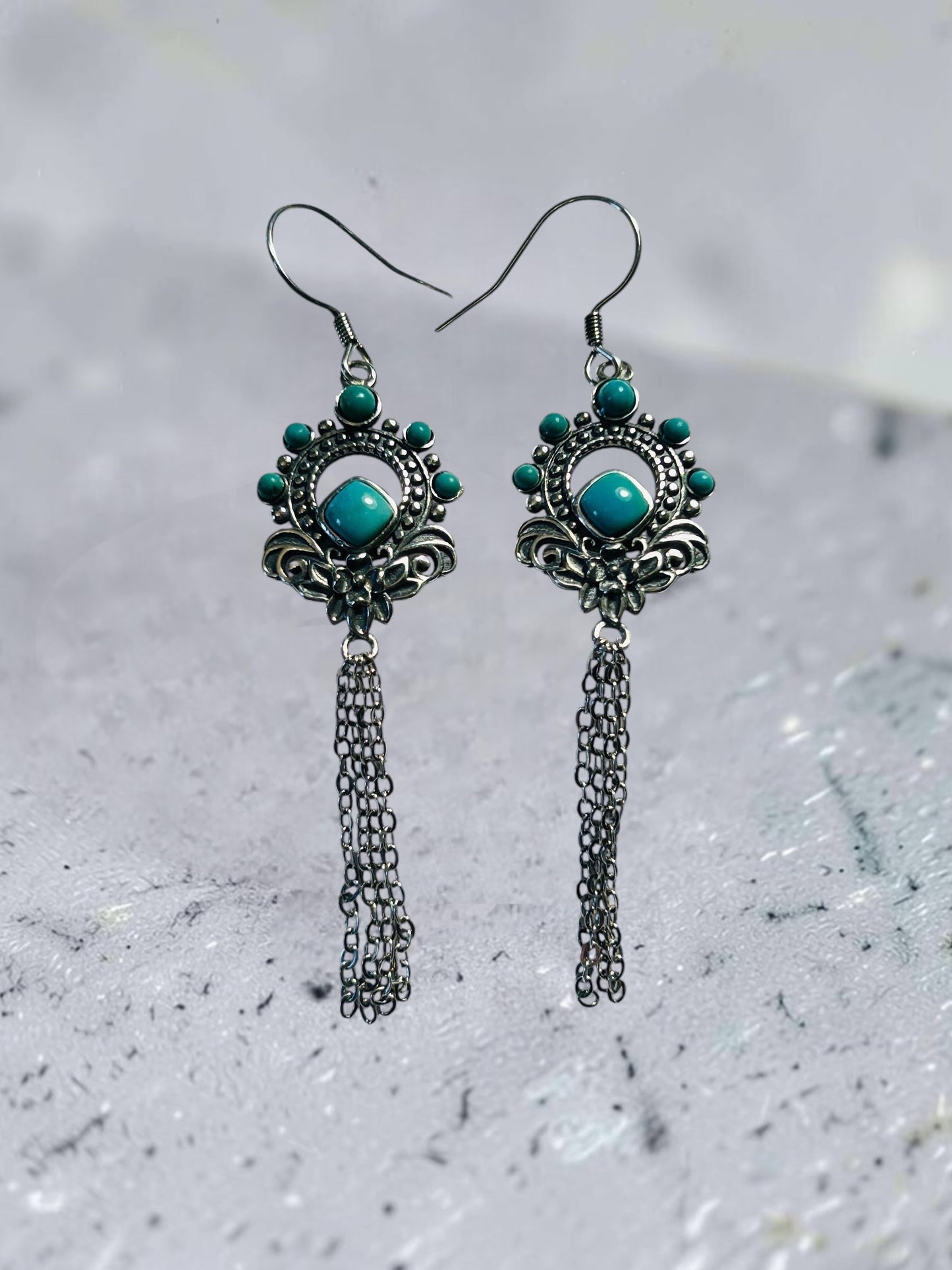 Ornate Dropper Earrings with Turquoise Gemstones • 925 Sterling Silver • Gift Box