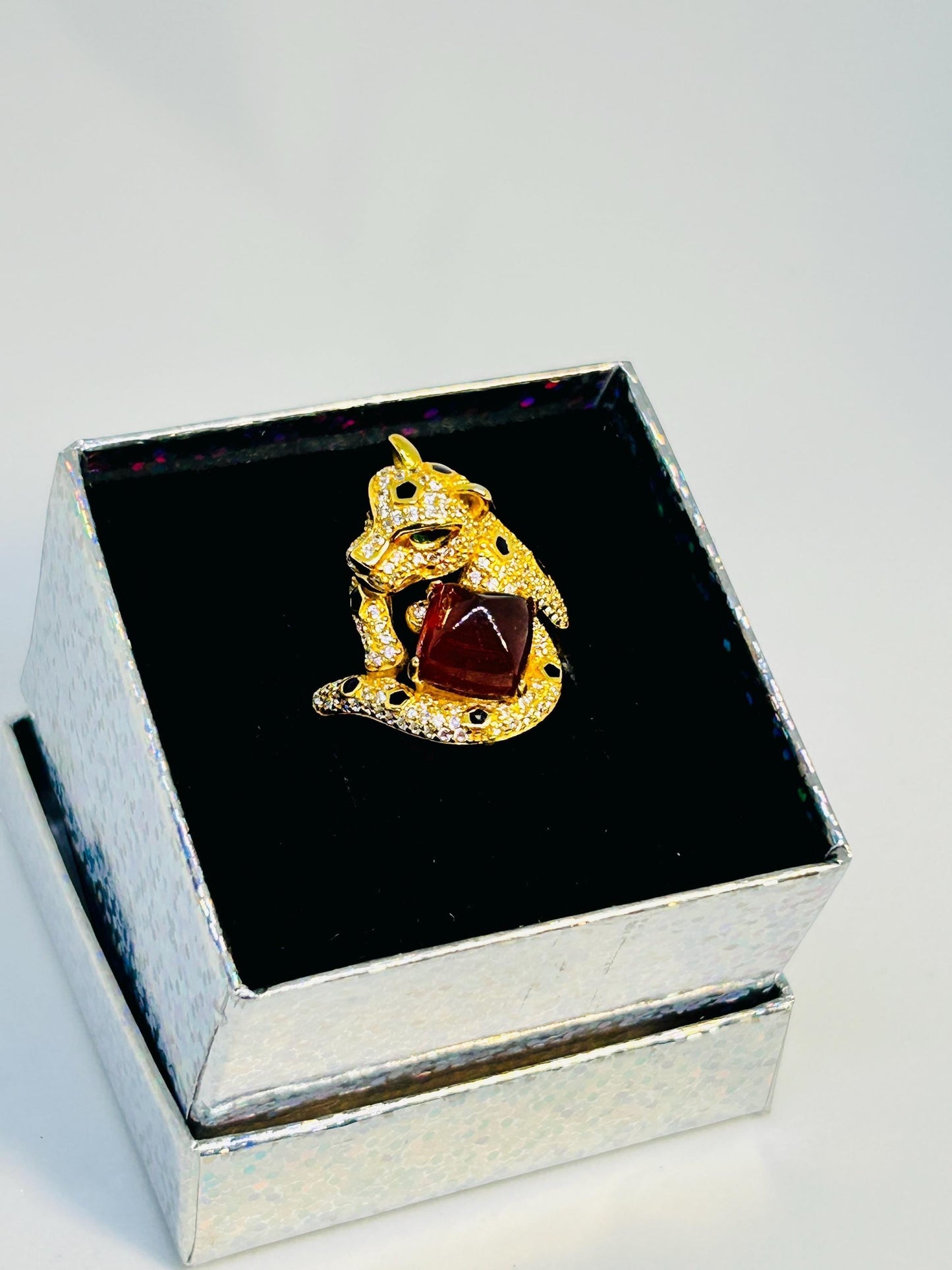 Gold Plated Silver Leopard Ring with Orange Garnet Gemstone • 925 Sterling Silver • Adjustable • Gift Box