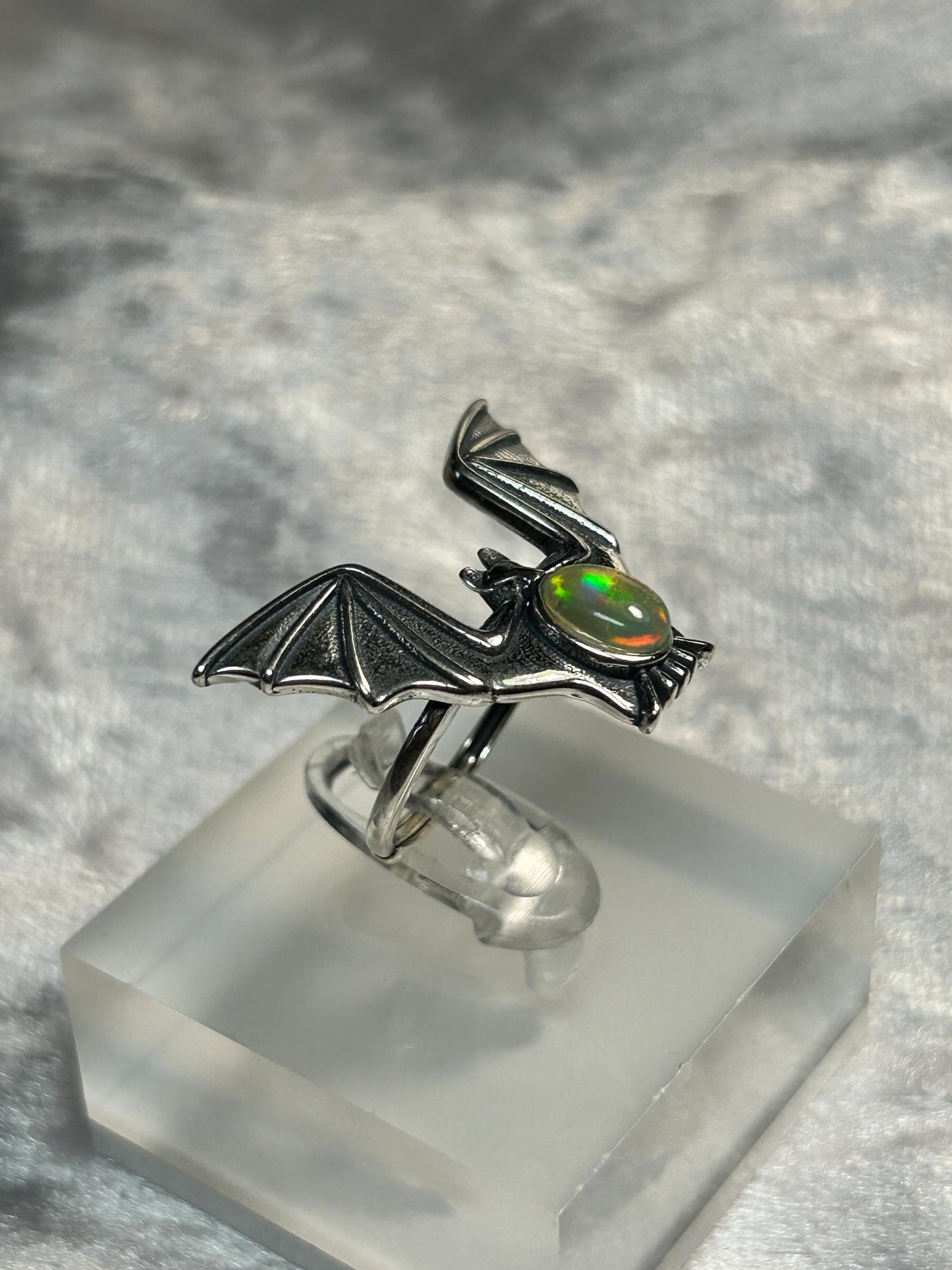 925 Silver Bat Ring: Rainbow Opal Gemstone, Adjustable