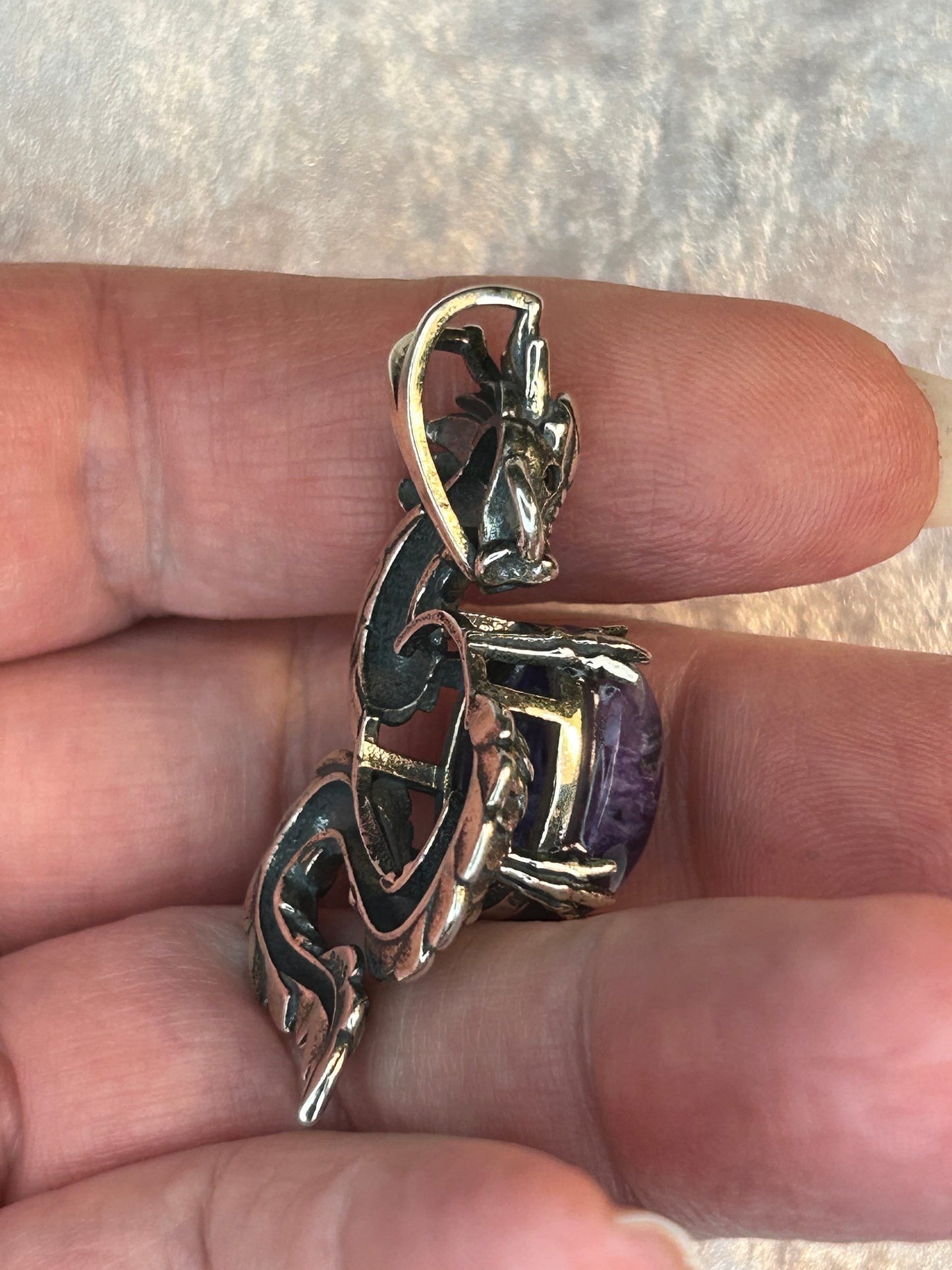 Dragon Pendant with Charoite Gemstone • 925 Sterling Silver • Gift Box