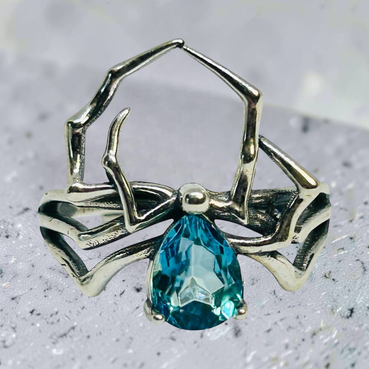 Spider Ring with Blue Topaz Gemstone • 925 Sterling Silver • Adjustable • Gift Box