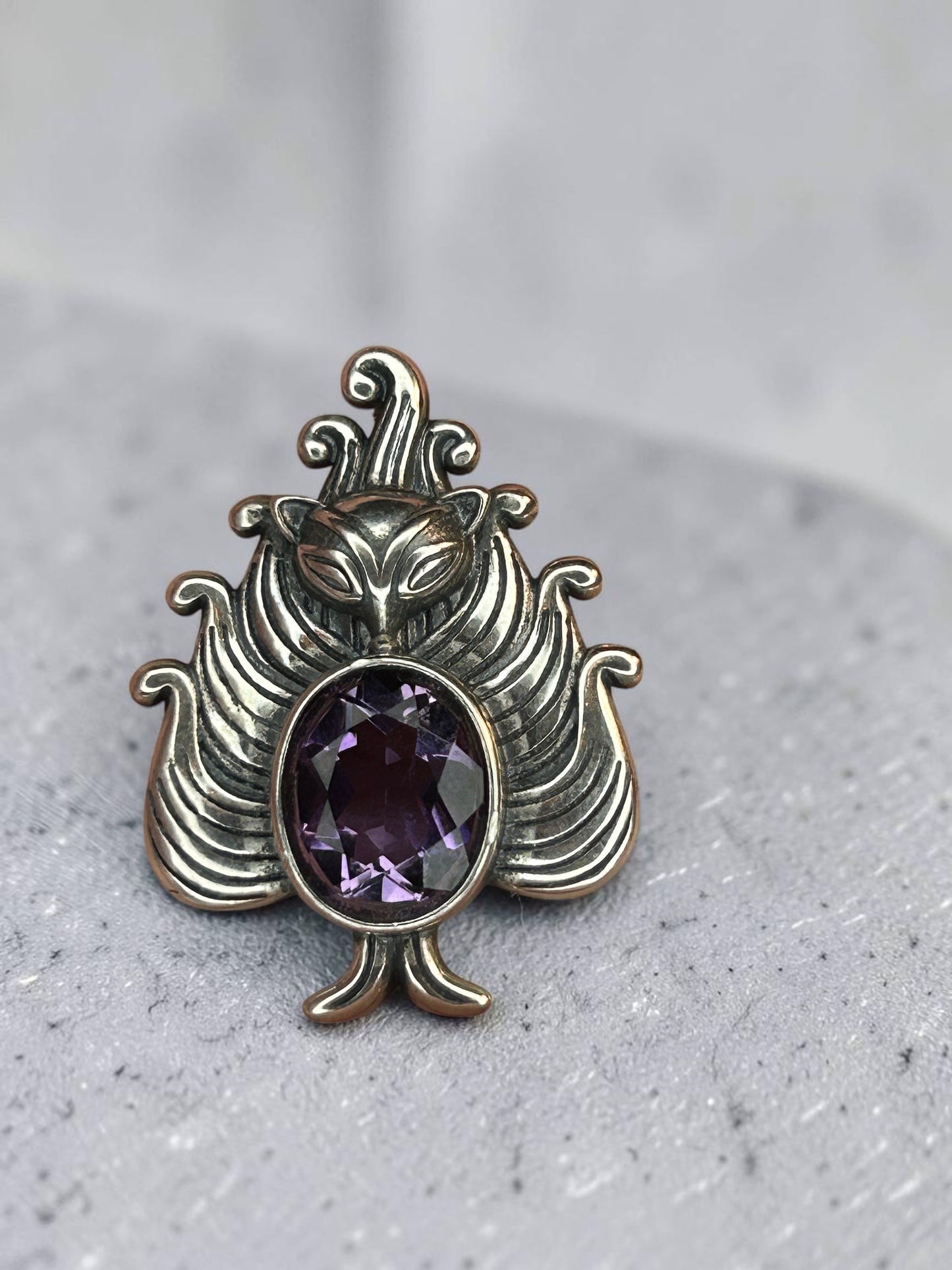 Nine Tailed Fox Pendant with Faceted Amethyst Gemstone • 925 Sterling Silver Kitsune • Gift Box