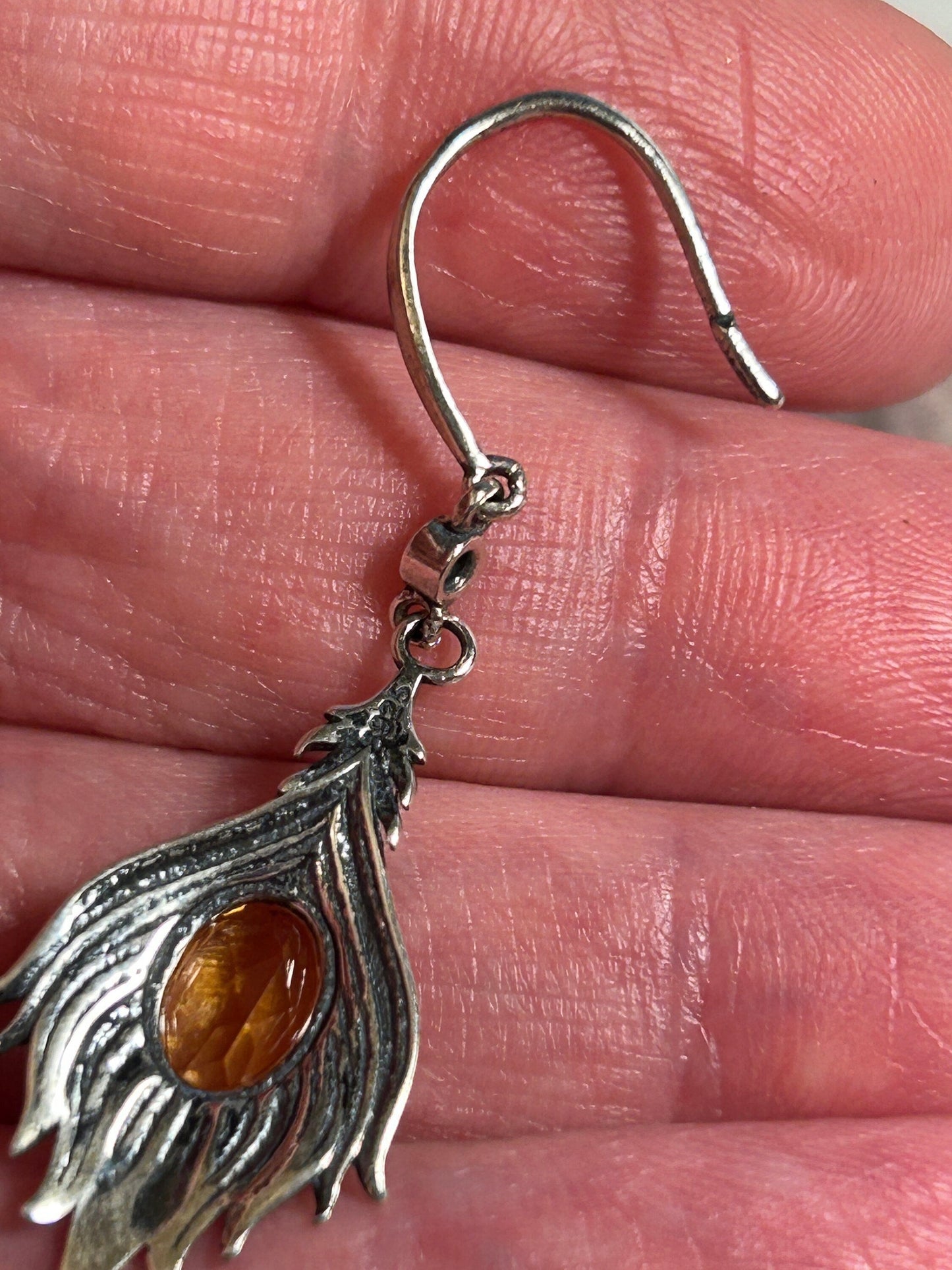 Feather Earrings with Citrine Gemstones • 925 Sterling Silver • Gift Box - REDUCED