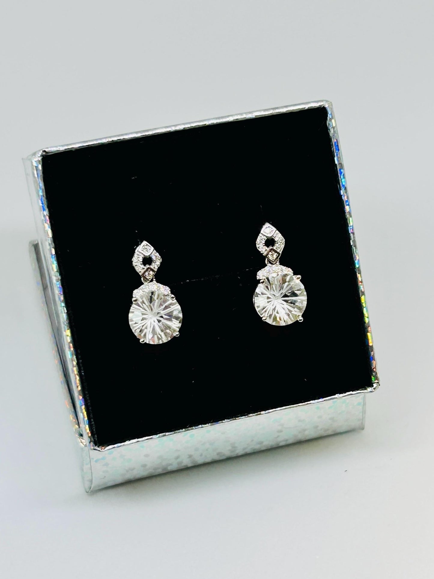 Crystal Dropper Earrings with Clear Quartz Gemstone & CZ Accents • 925 Sterling Silver • Gift Box