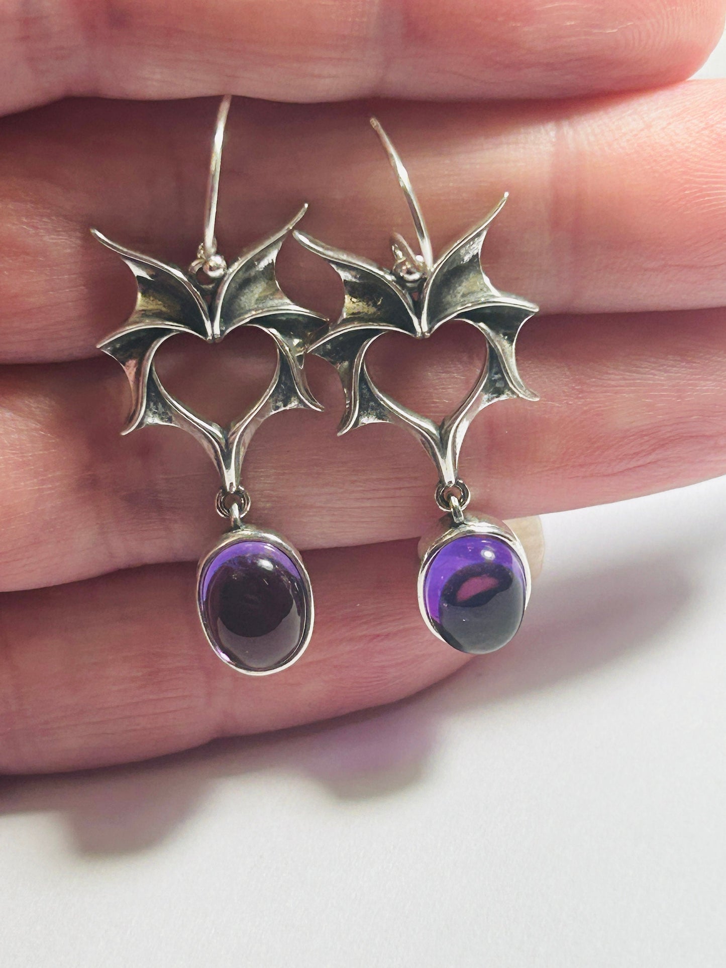 Pair Bat Earrings With Amethyst Gemstone - 925 Silver Dangle Earrings  - Giftboxed