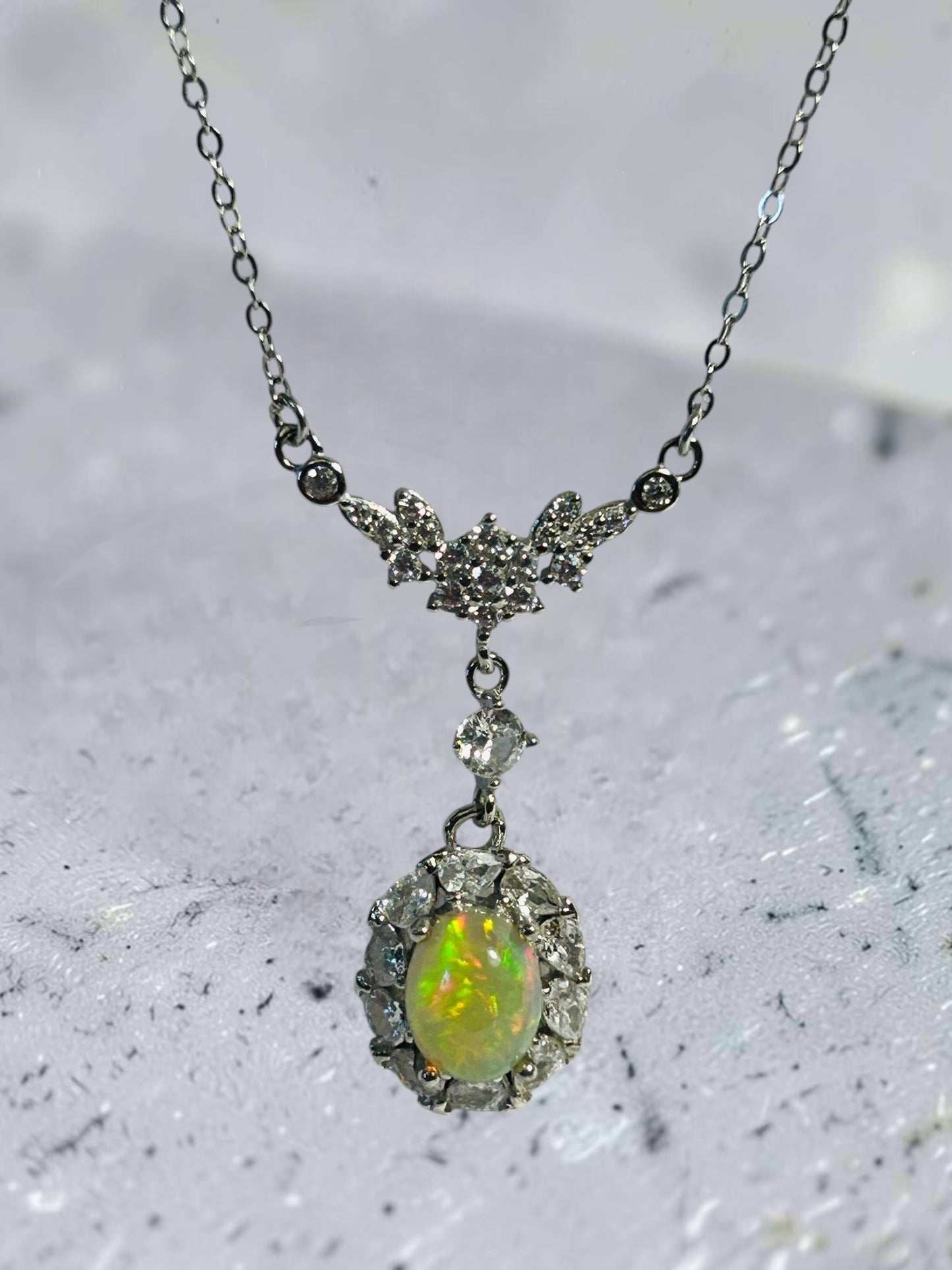 Opal Necklace with CZ Accents • 925 Sterling Silver • Gift Box