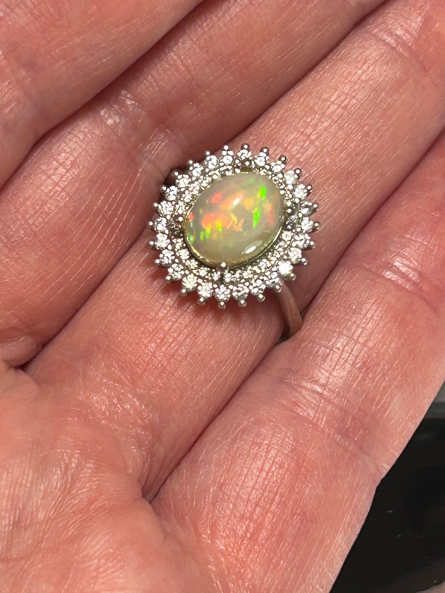 Stunning Rainbow Opal Ring with CZ Surround • 925 Sterling Silver • Adjustable • Gift Box