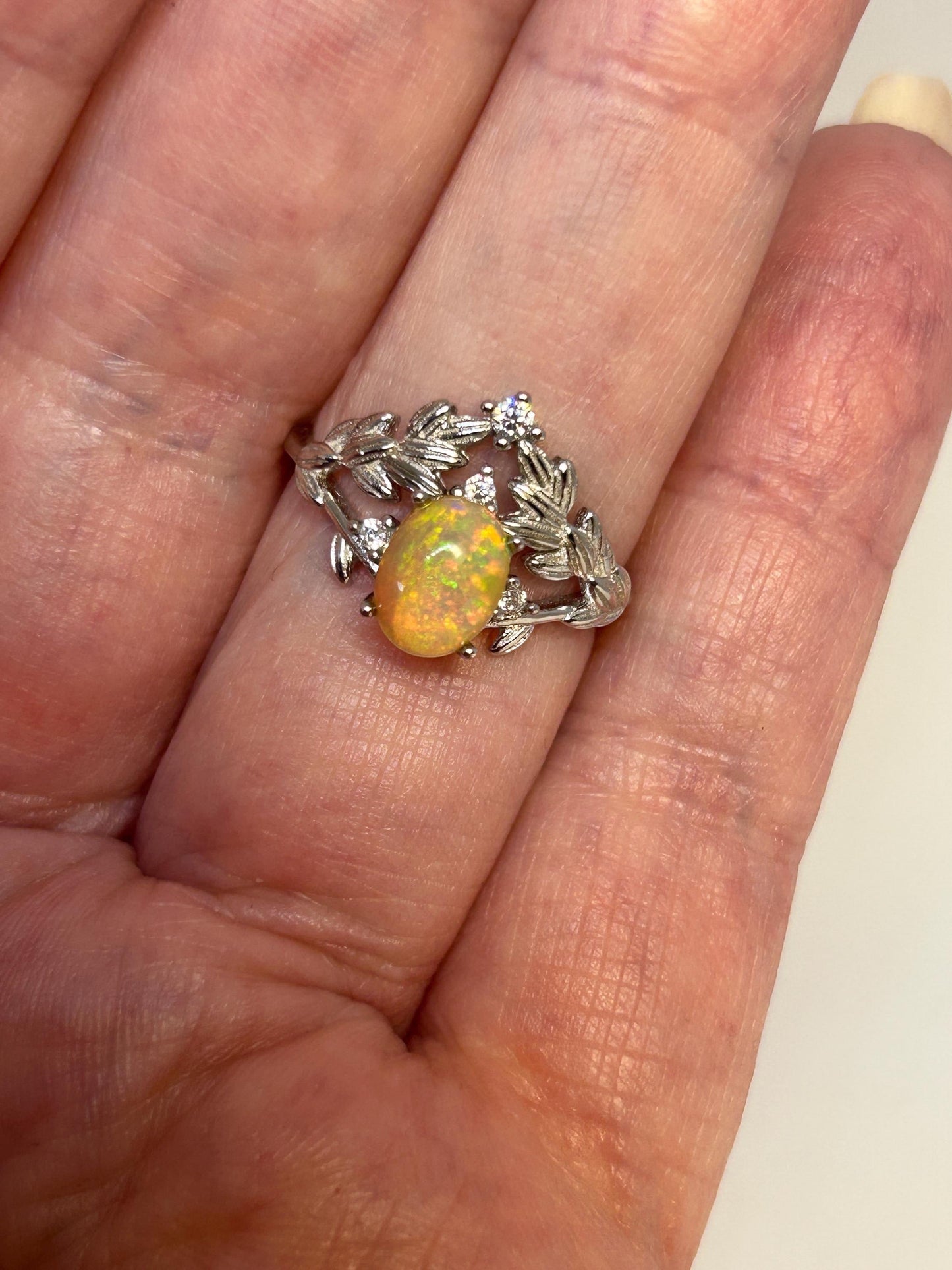Leaf Ring with Opal Gemstone & CZ Accents • 925 Sterling Silver • Adjustable • Gift Box
