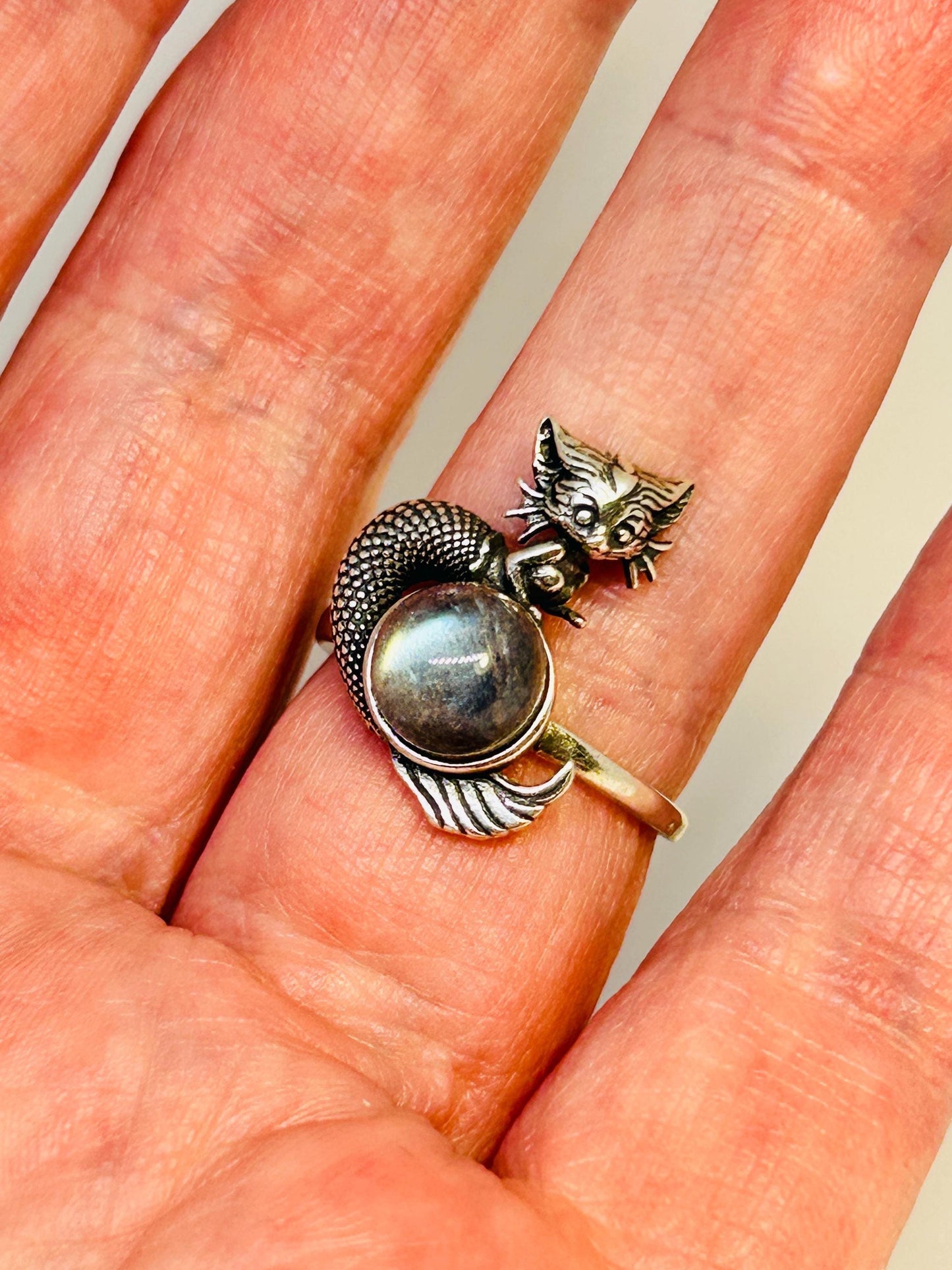 Mythical Naga Ring with Labradorite Gemstone • 925 Sterling Silver • Adjustable • Gift Box