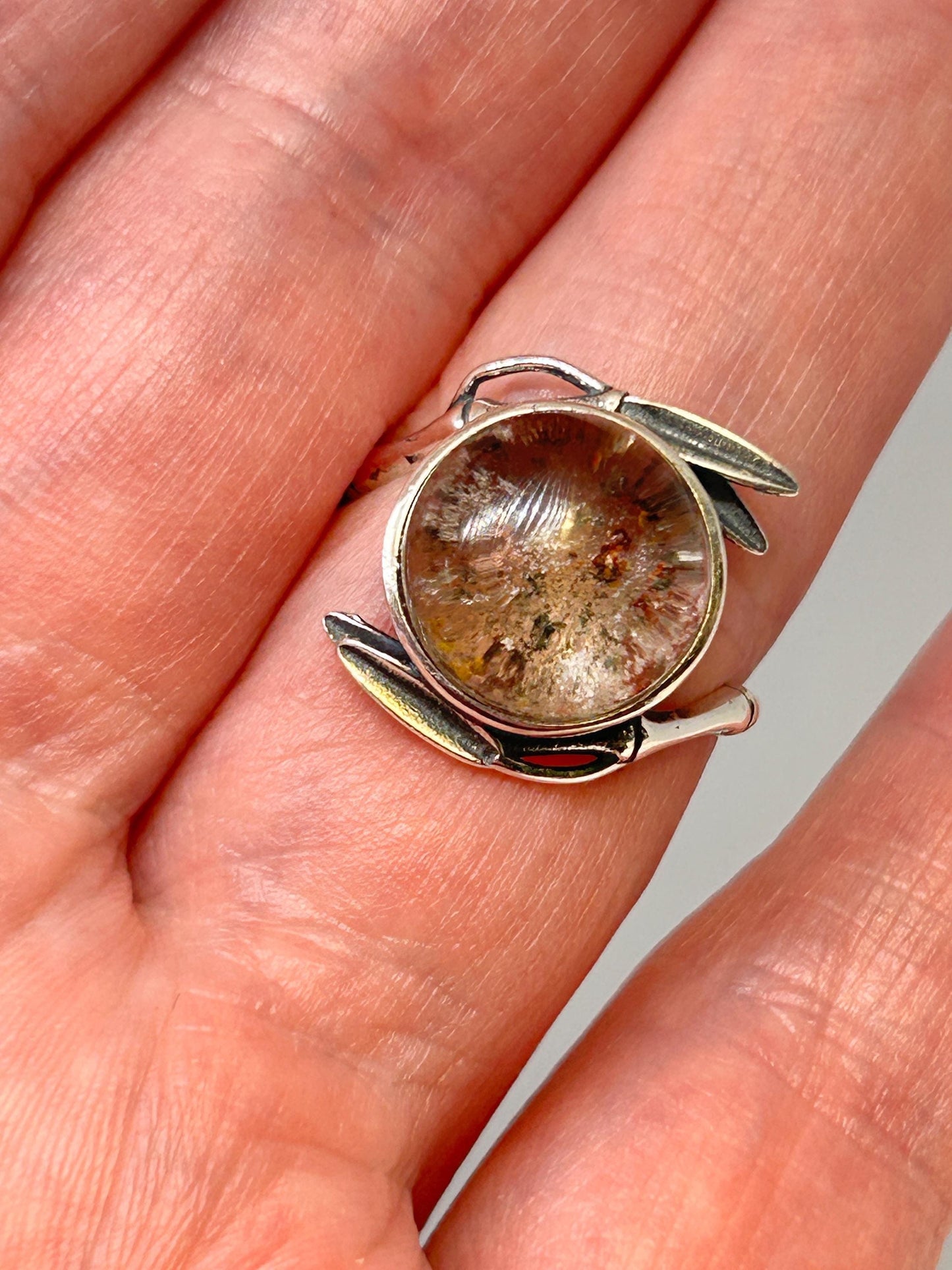 Leaf Ring with Garden Quartz Gemstone • 925 Sterling Silver • Adjustable • Gift Box