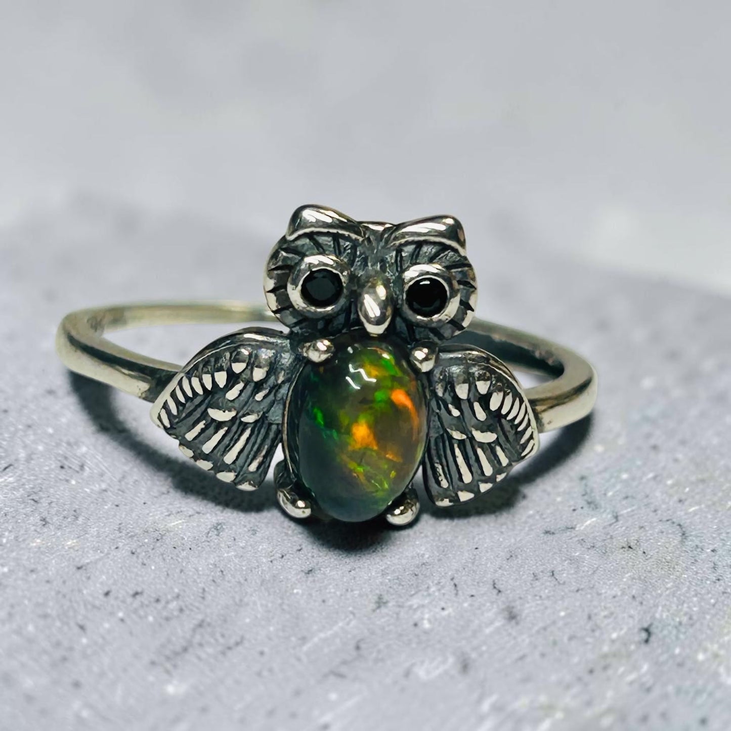 Owl Ring With Black Opal Gemstone • 925 Sterling Silver • Adjustable with Gift Box