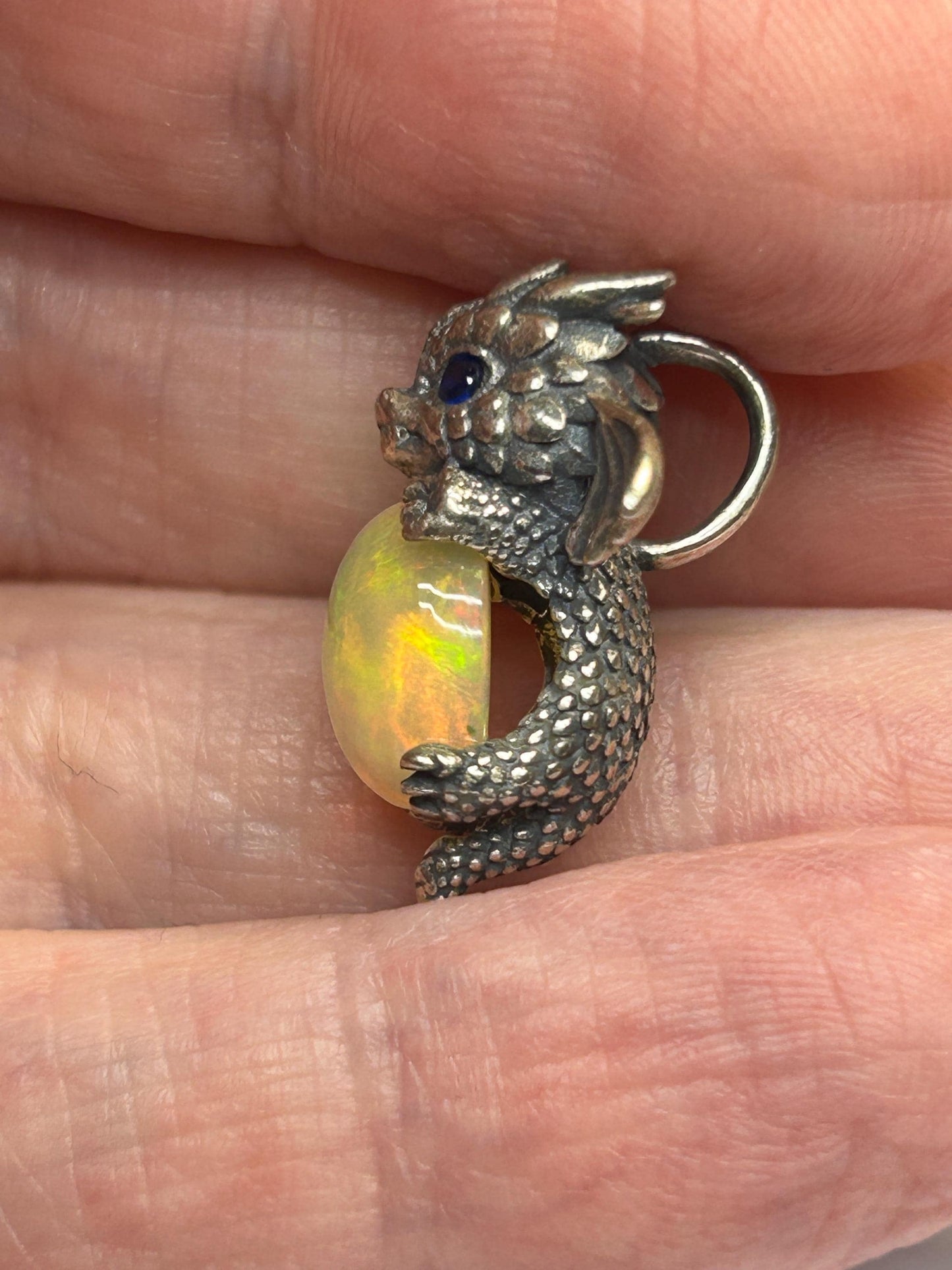 Baby Dragon Pendant with Opal Gemstone • 925 Sterling Silver • with Gift box