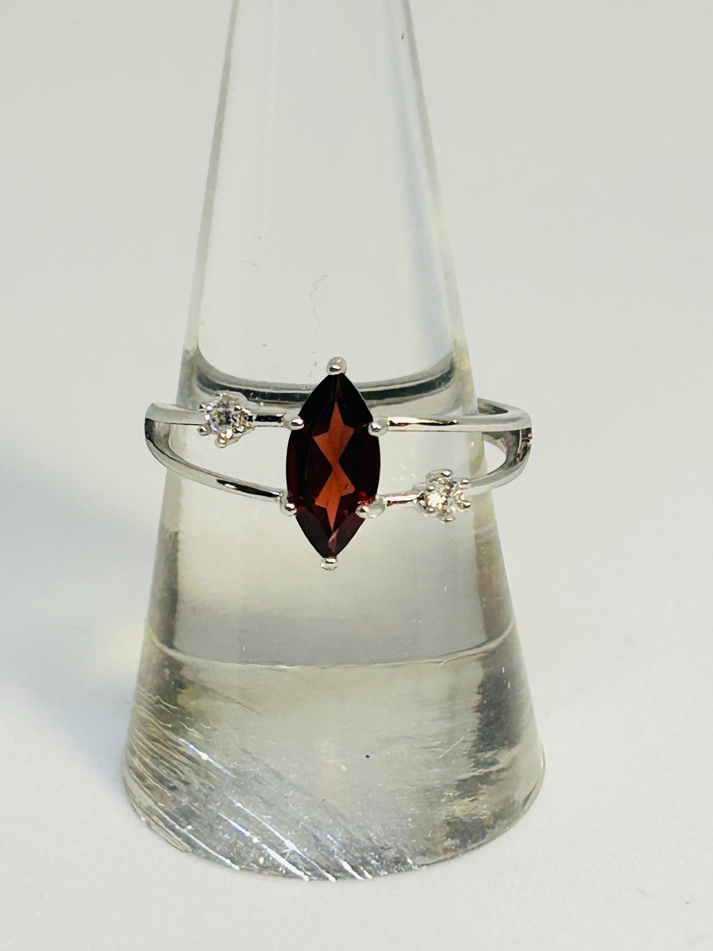 Double Banded Ring with Marquise Cut Garnet Gemstone & CZ Accents • 925 Sterling Silver • Adjustable • Gift Box