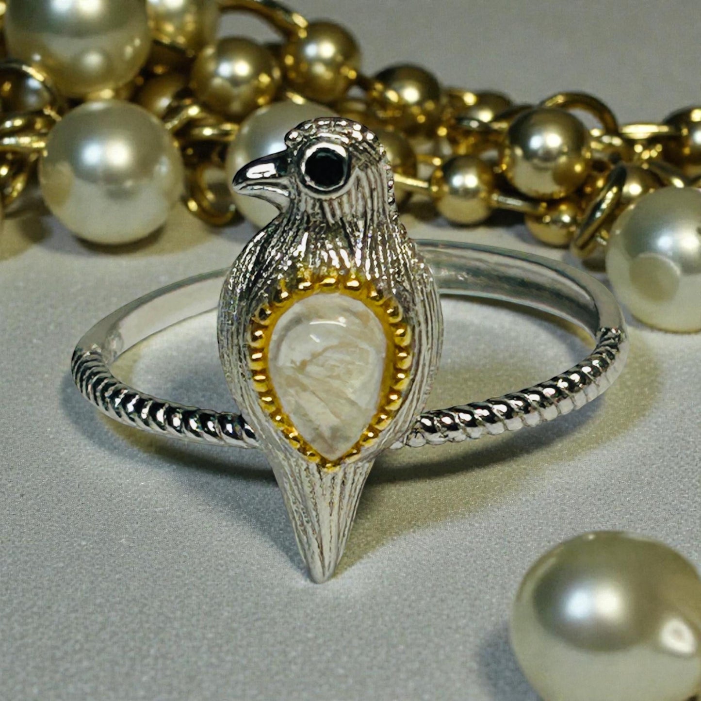 Dainty Bird Ring With Moonstone Gemstone • 925 Sterling Silver • Adjustable with Gift Box