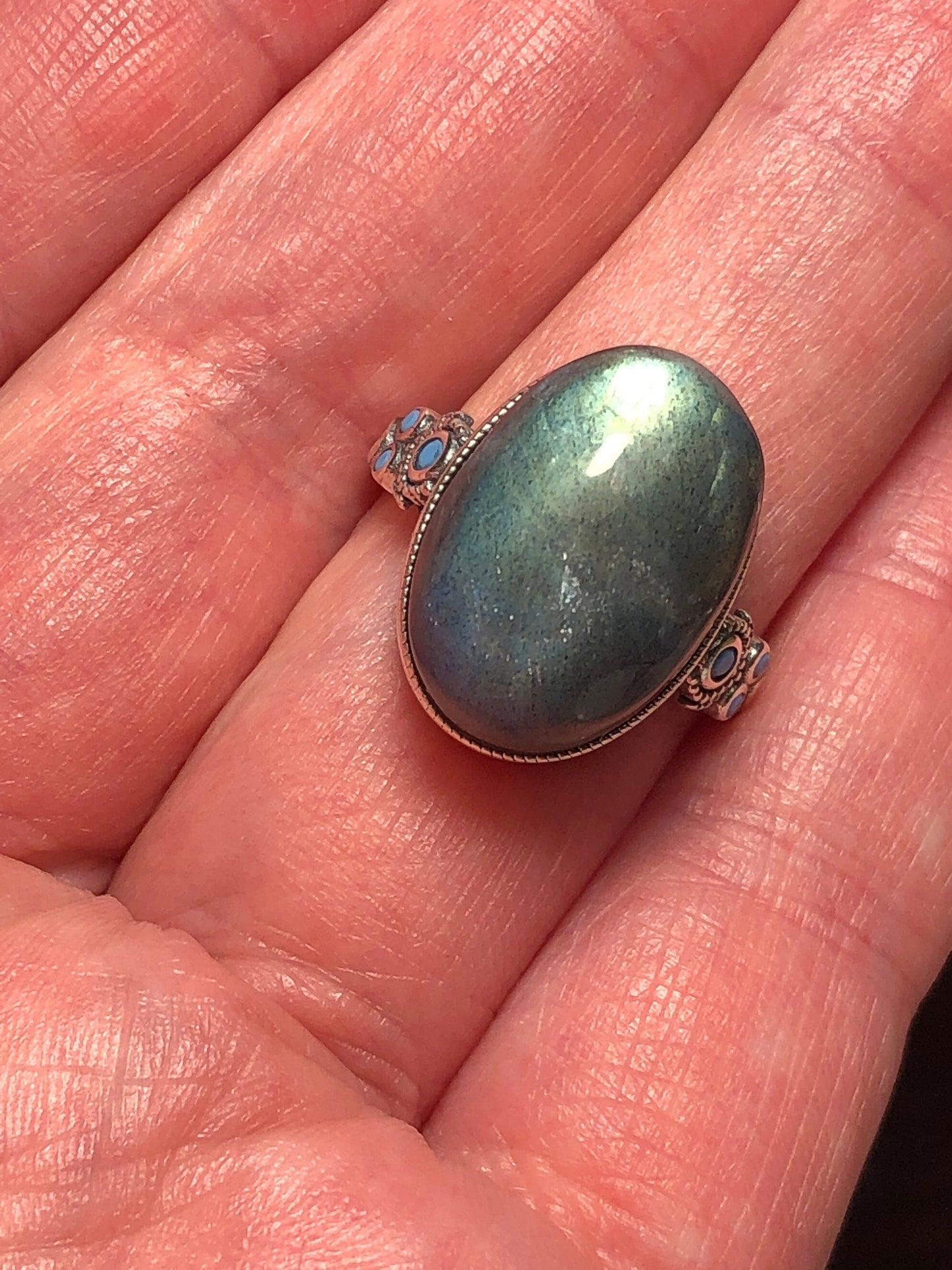 Large Oval Labradorite Ring with Blue Flash • 925 Sterling Silver • Adjustable • GiftBox