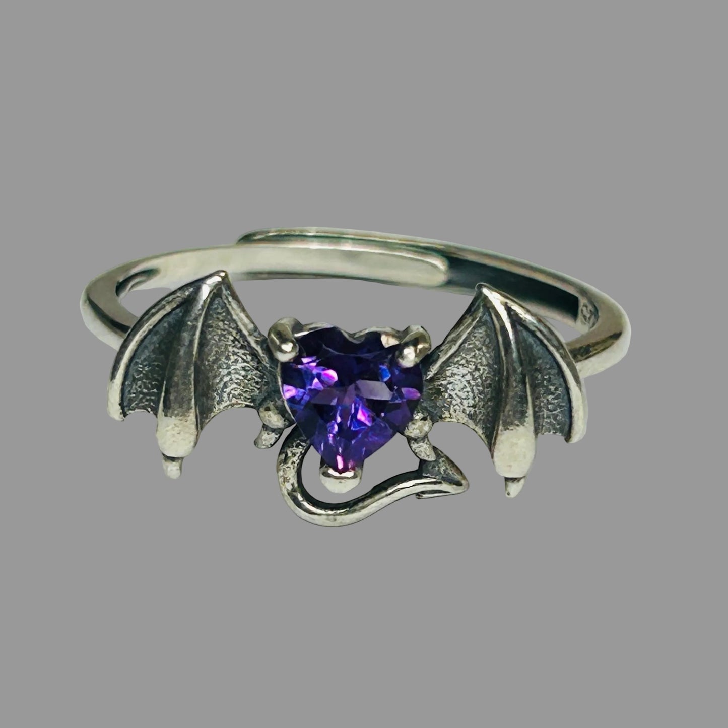 925 Sterling Silver Bat Ring with Amethyst - Adjustable Gothic Jewellery with Gift Box
