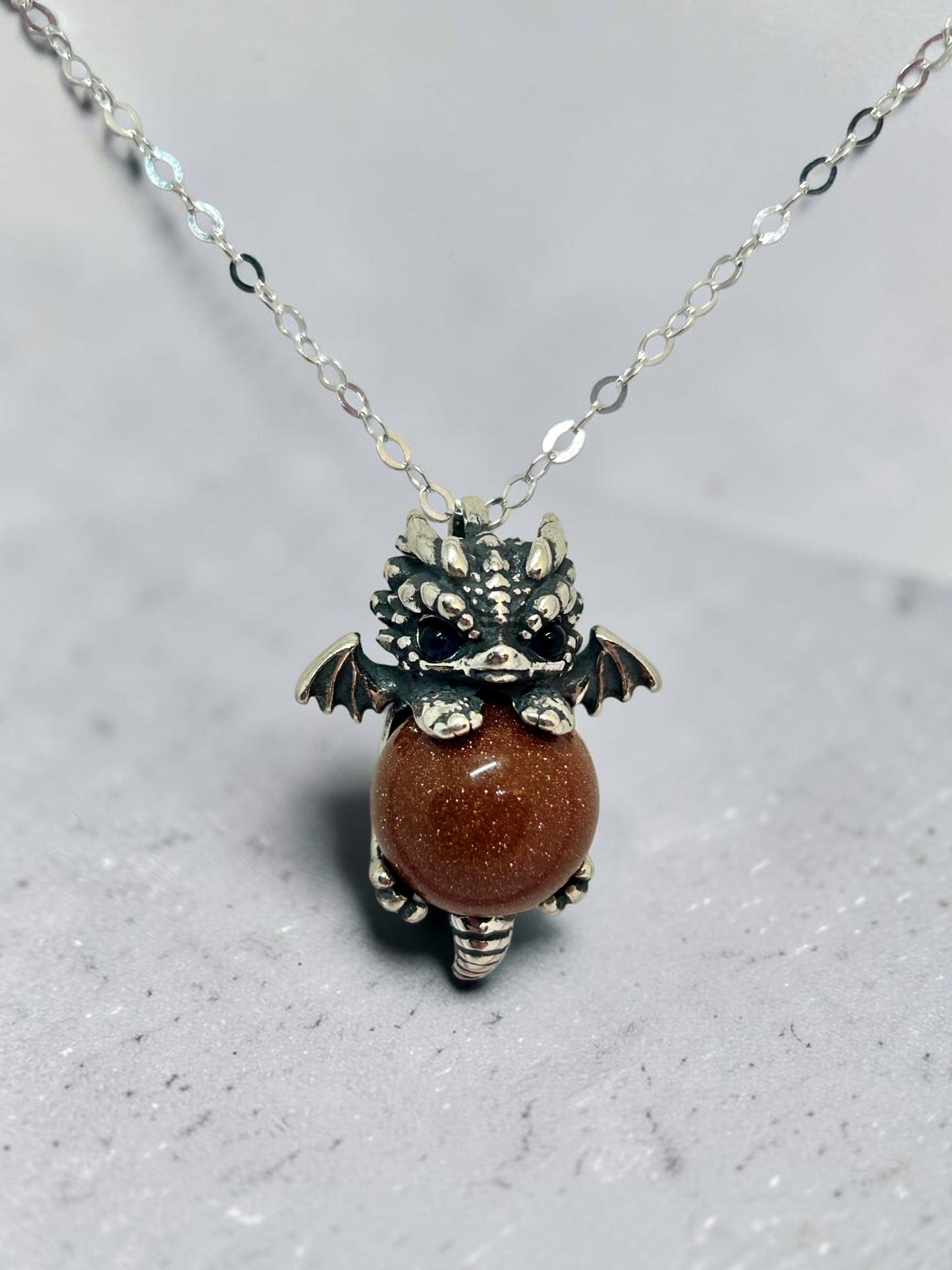 Baby Dragon Pendant with Red Goldstone • 925 Sterling Silver • Gift box