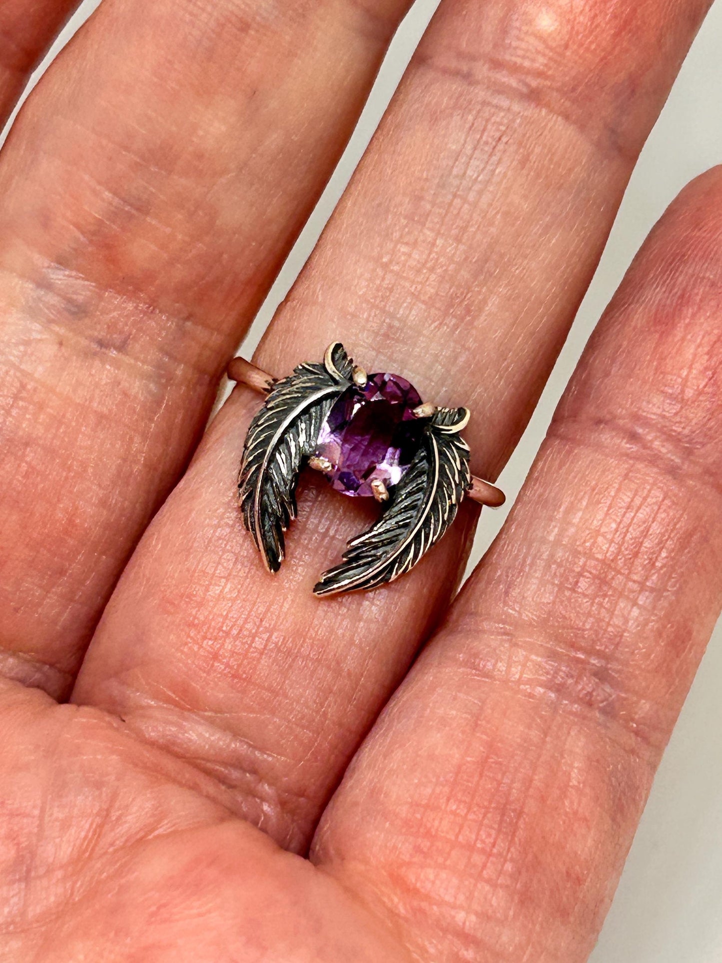 Angel Wings Ring with Amethyst Gemstone • 925 Sterling Silver • Adjustable • Gift Box