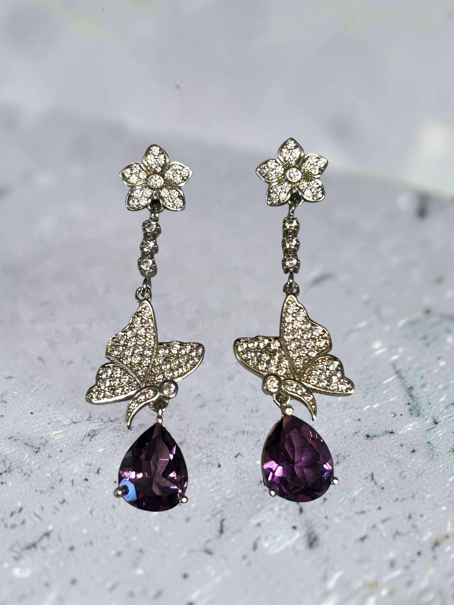 Butterfly Dangle Earrings with Faceted Amethyst Gemstone & CZ Accents • 925 Sterling Silver • Gift Box