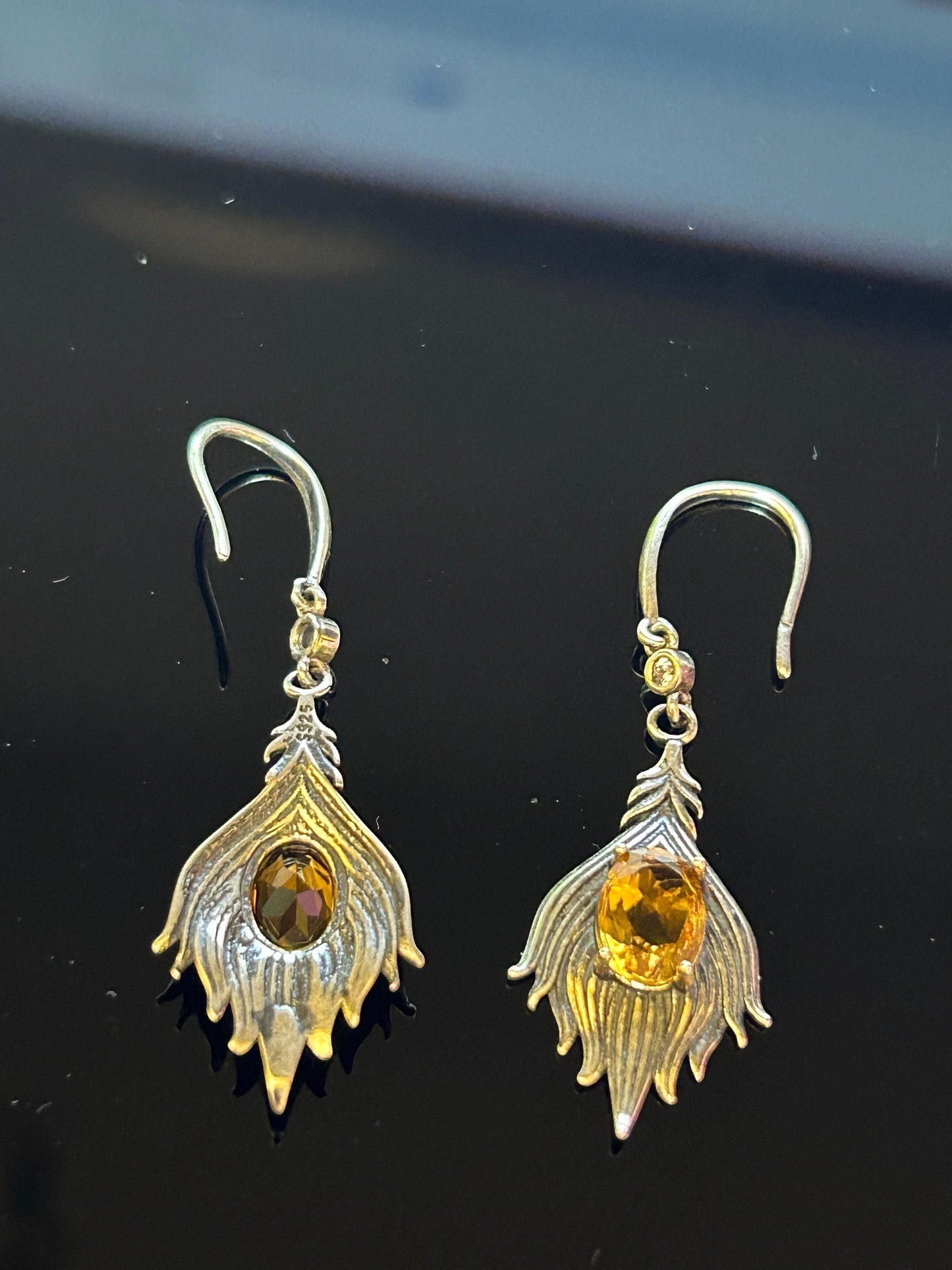 Feather Earrings with Citrine Gemstones • 925 Sterling Silver • Gift Box - REDUCED
