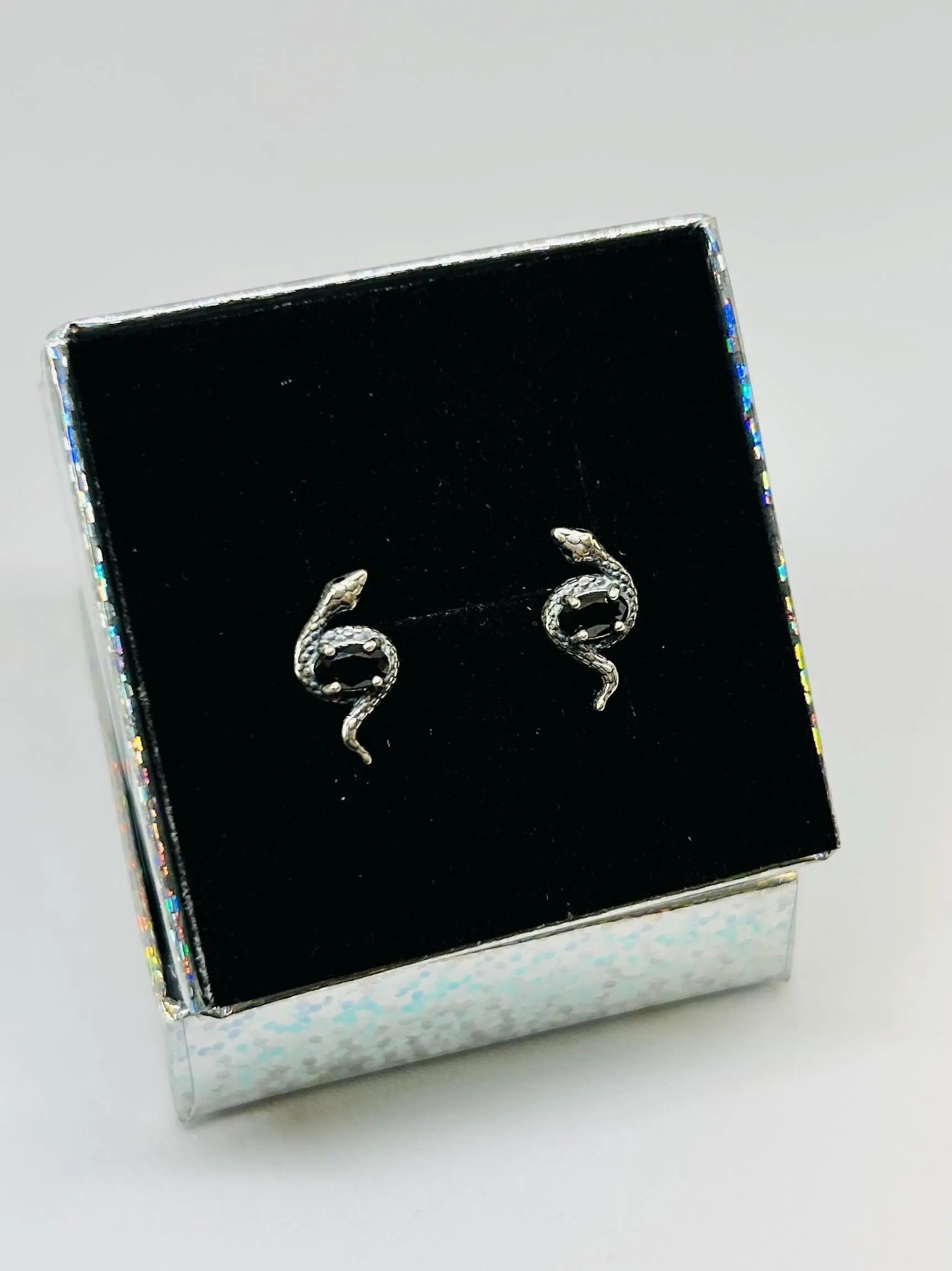 Snake Stud Earrings with Black Spinel Gemstone • 925 Sterling Silver • Gift Box Celtic Dragon Jewellery