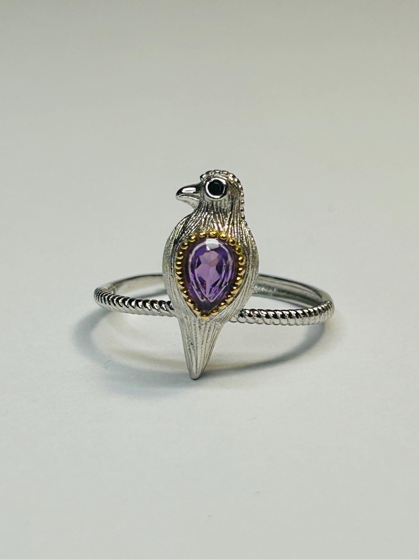 Dainty Bird Ring With Amethyst Gemstone • 925 Sterling Silver • Adjustable with Gift Box