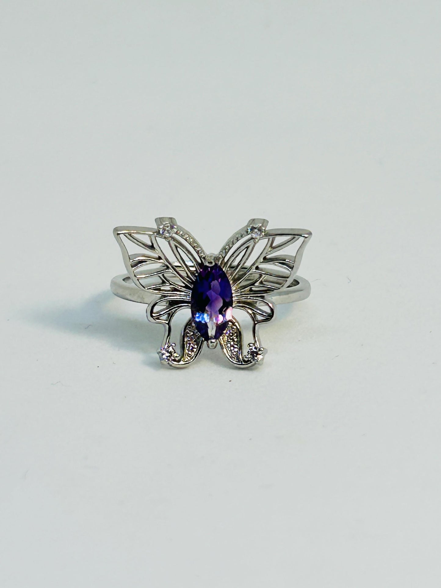 Ornate Butterfly Ring with Faceted Amethyst Gemstone & CZ Accents • 925 Sterling Silver • Adjustable • Gift Box