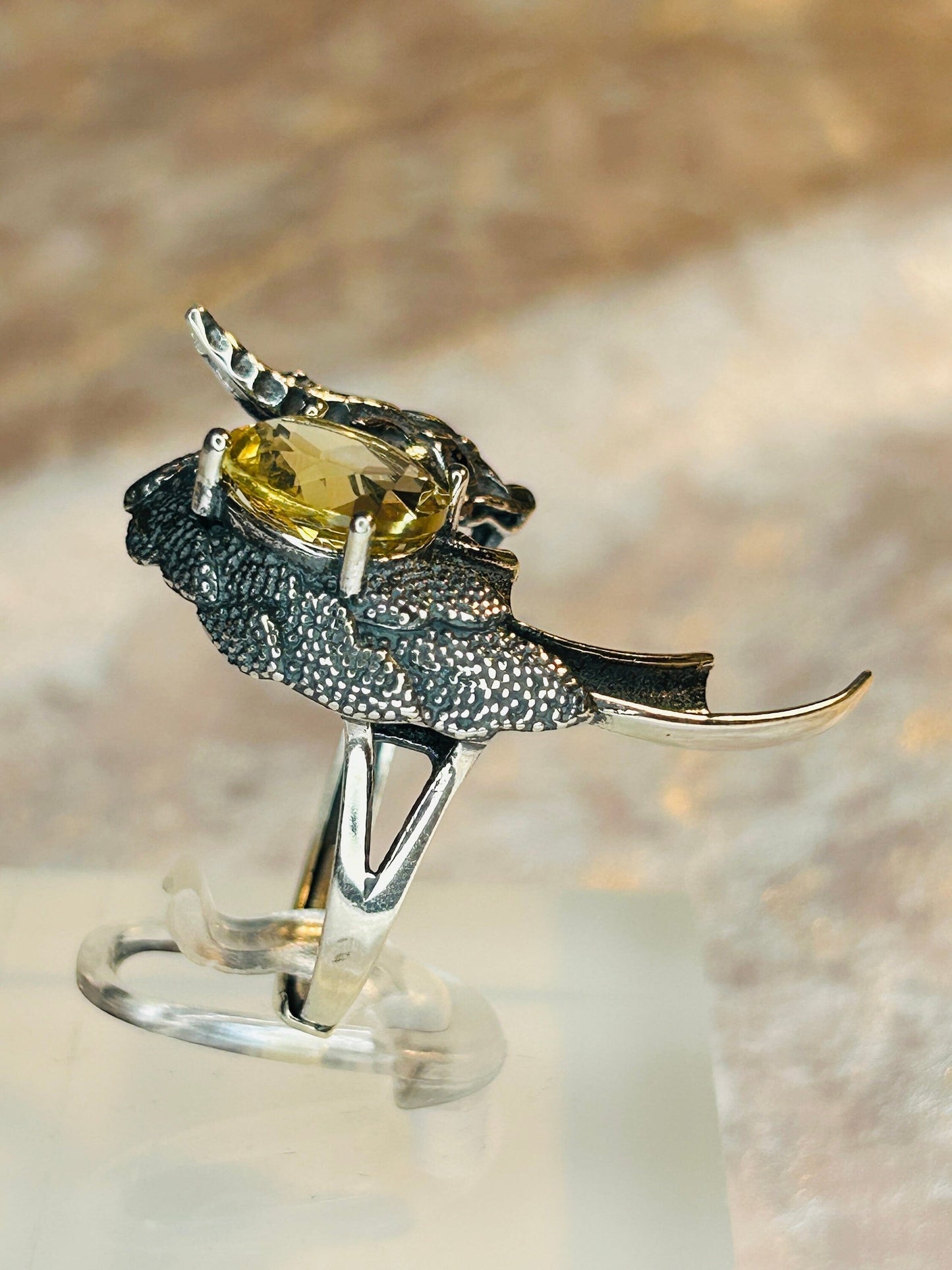 Large Dragon Ring with Citrine Gemstones • 925 Sterling Silver • Adjustable • Gift Box