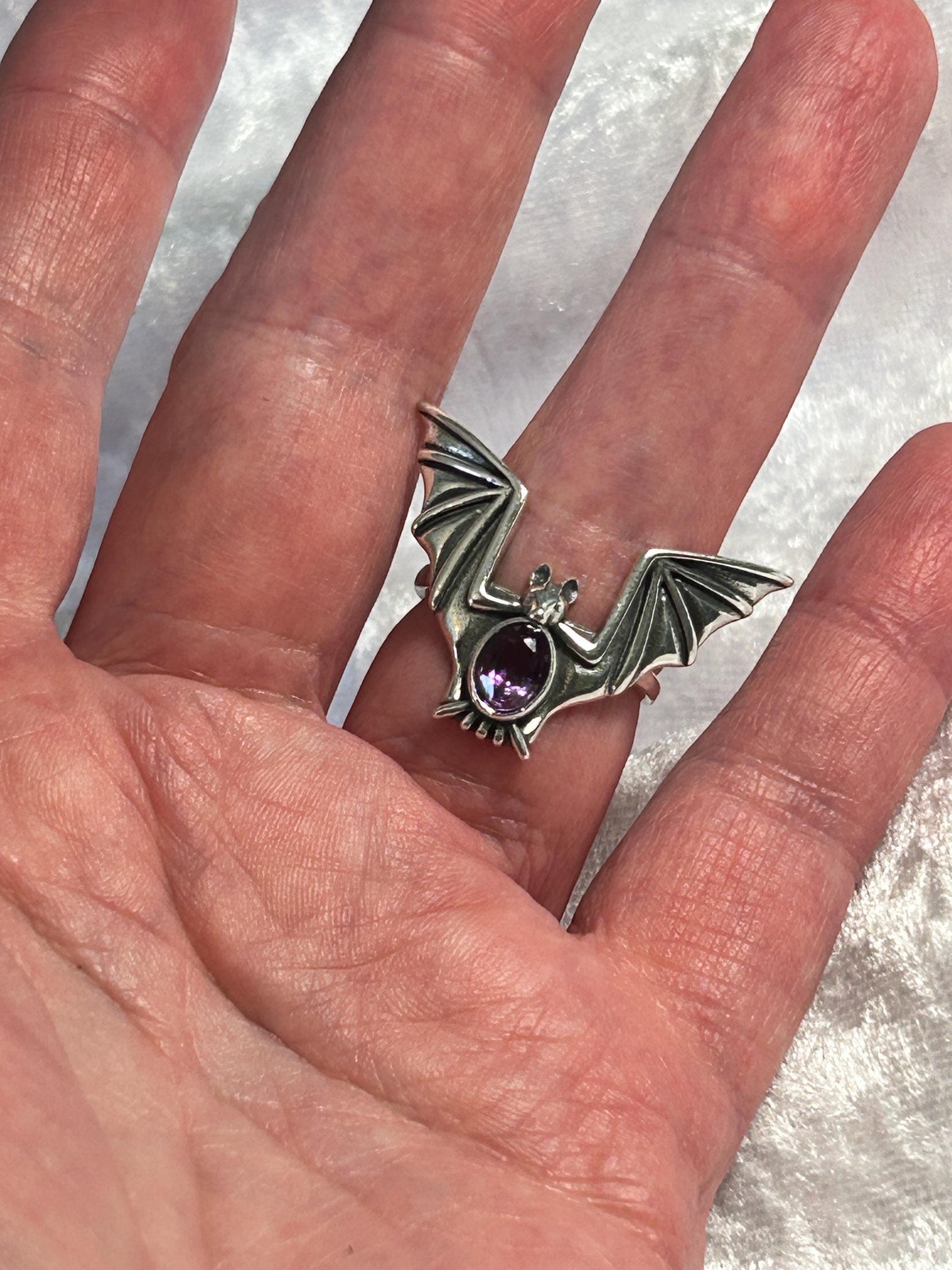 Large Gothic Bat Ring with Faceted Amethyst Gemstone • 925 Sterling Silver • Adjustable • Gift Box
