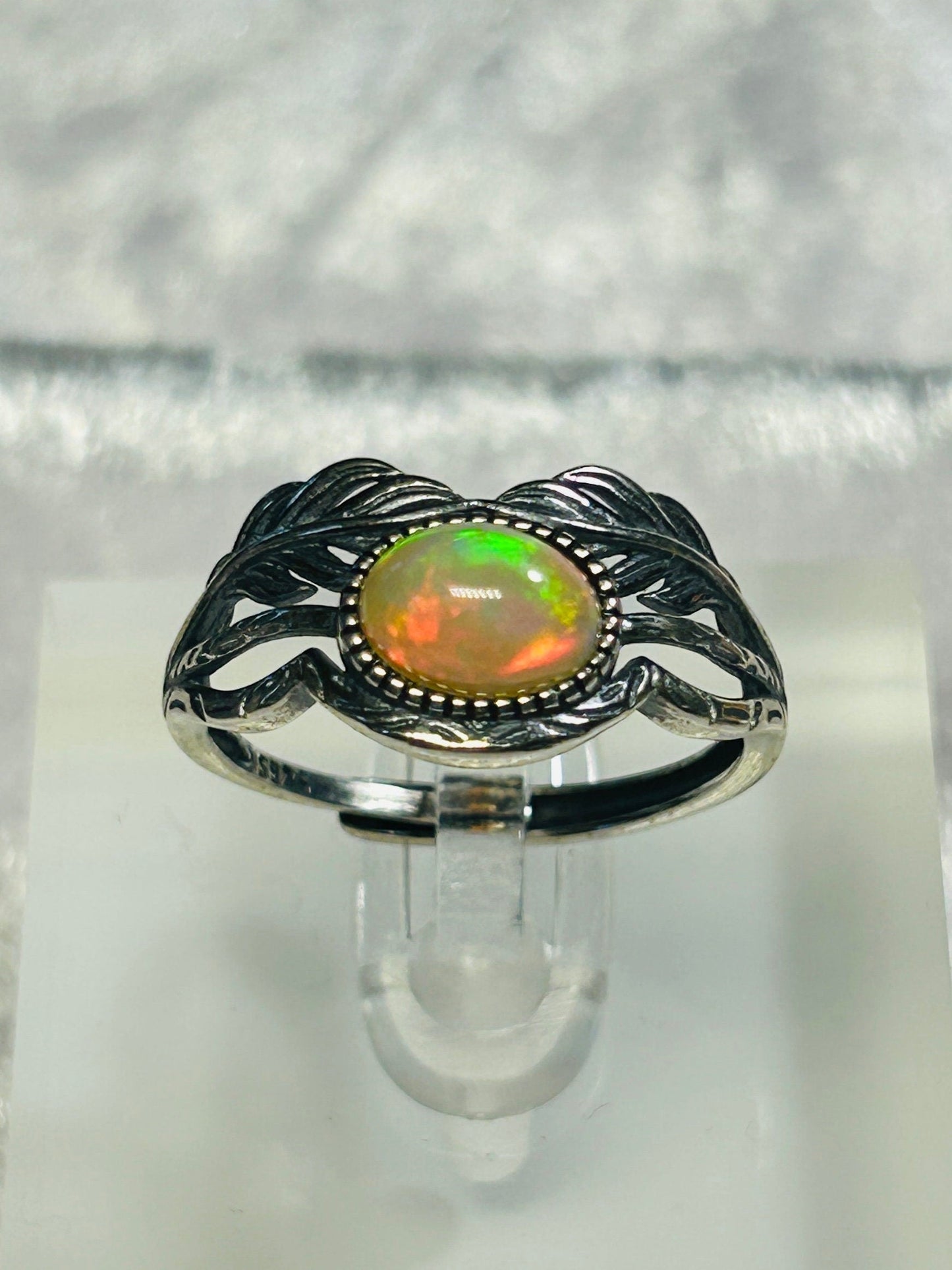 Vine Leaf Ring with Rainbow Opal Gemstone • 925 Sterling Silver • Adjustable • Gift Box