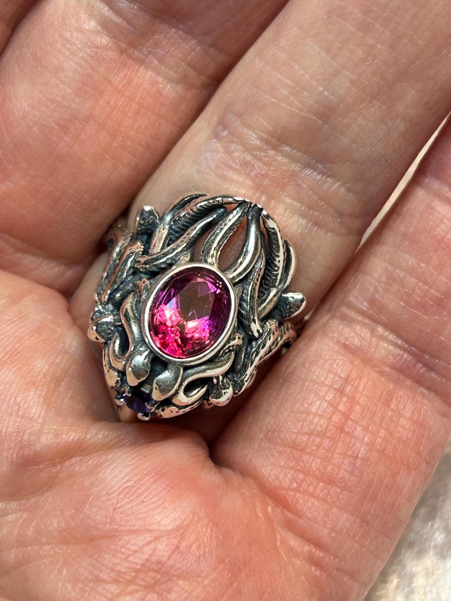 Mythical Medusa Ring with Pink Topaz & Amethyst Gemstones • 925 Sterling Silver • Adjustable • Gift box