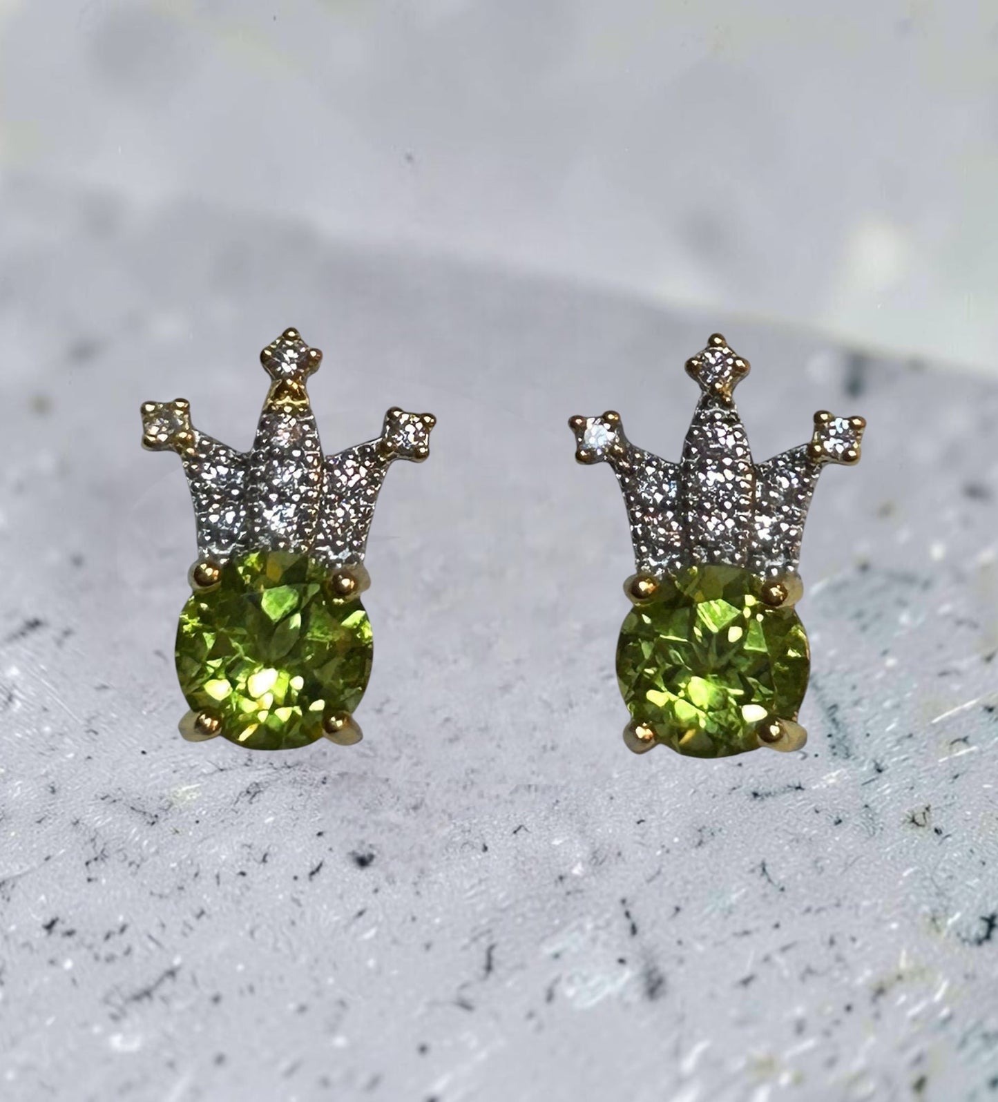 Crown Earrings with Peridot Gemstones • 925 Sterling Silver Studs • CZ Accents • Gift Box