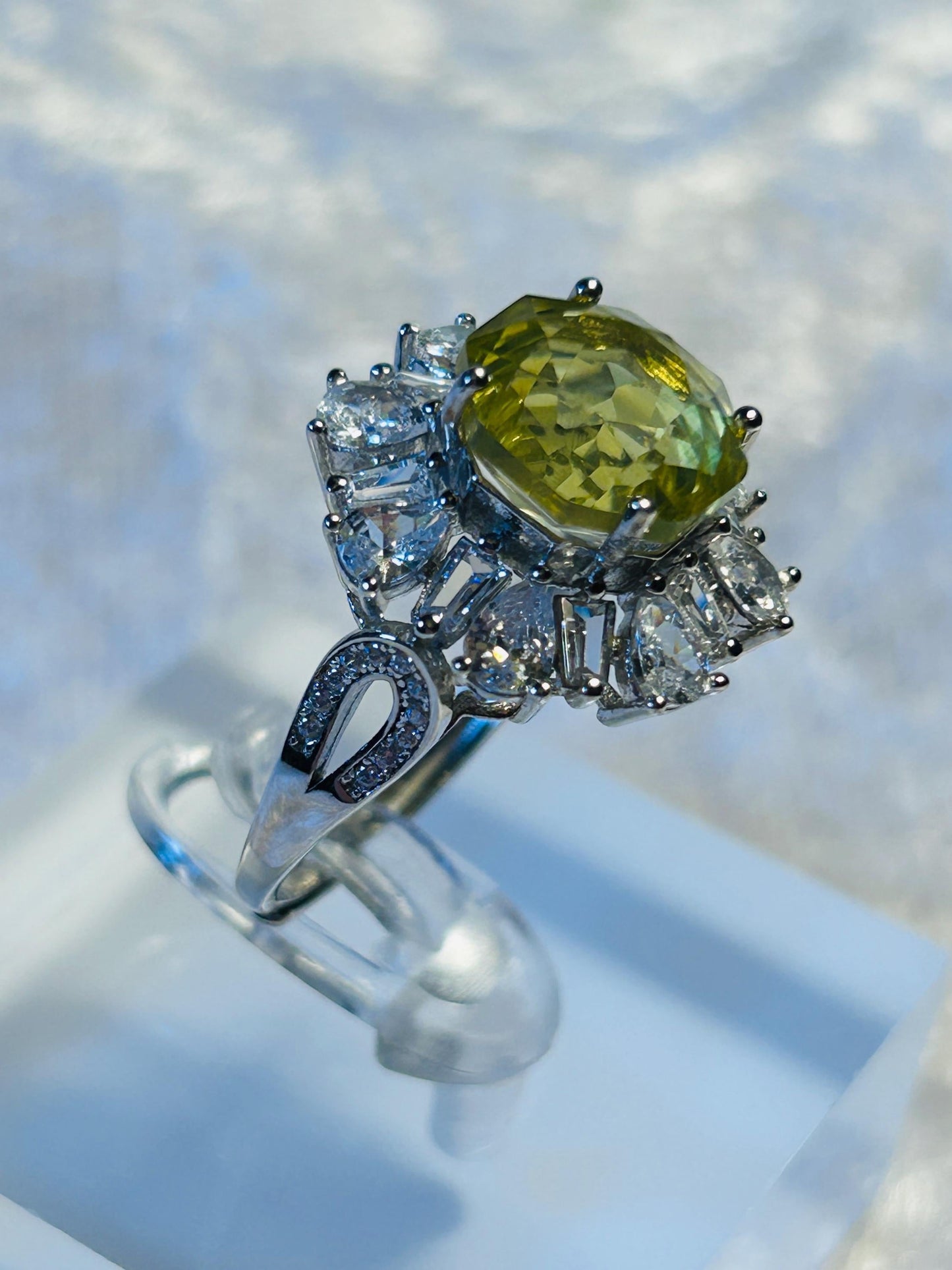 Crystal Daisy Ring with Rose Cut Lemon Citrine Gemstone & CZ Petals • 925 Sterling Silver • Adjustable • Gift Box