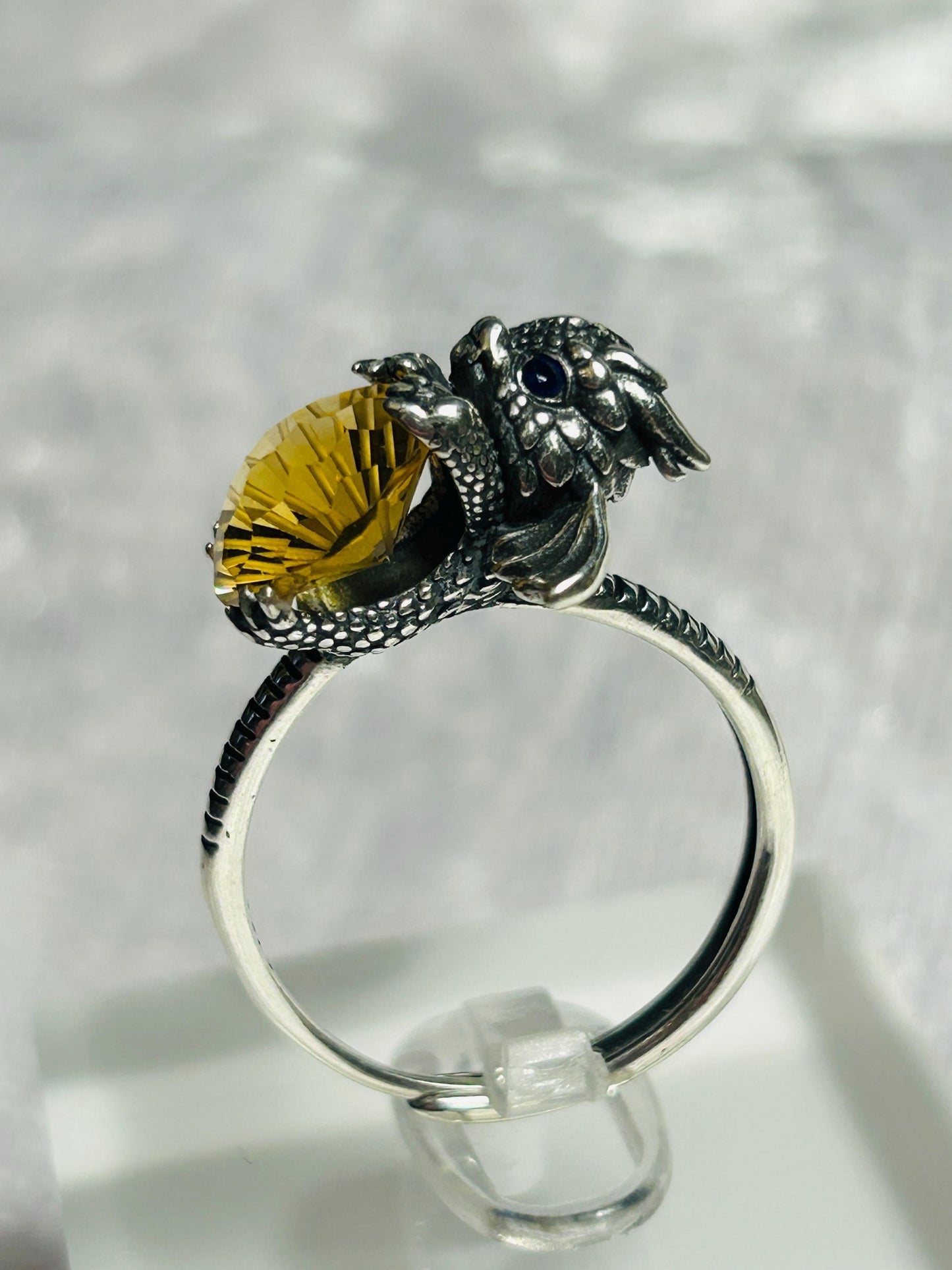 Baby Dragon 925 Silver Ring: Citrine Gemstone, Sapphire Eyes, Adjustable