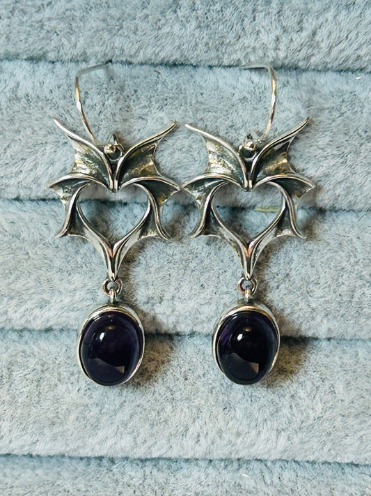 Pair Bat Earrings With Amethyst Gemstone - 925 Silver Dangle Earrings  - Giftboxed