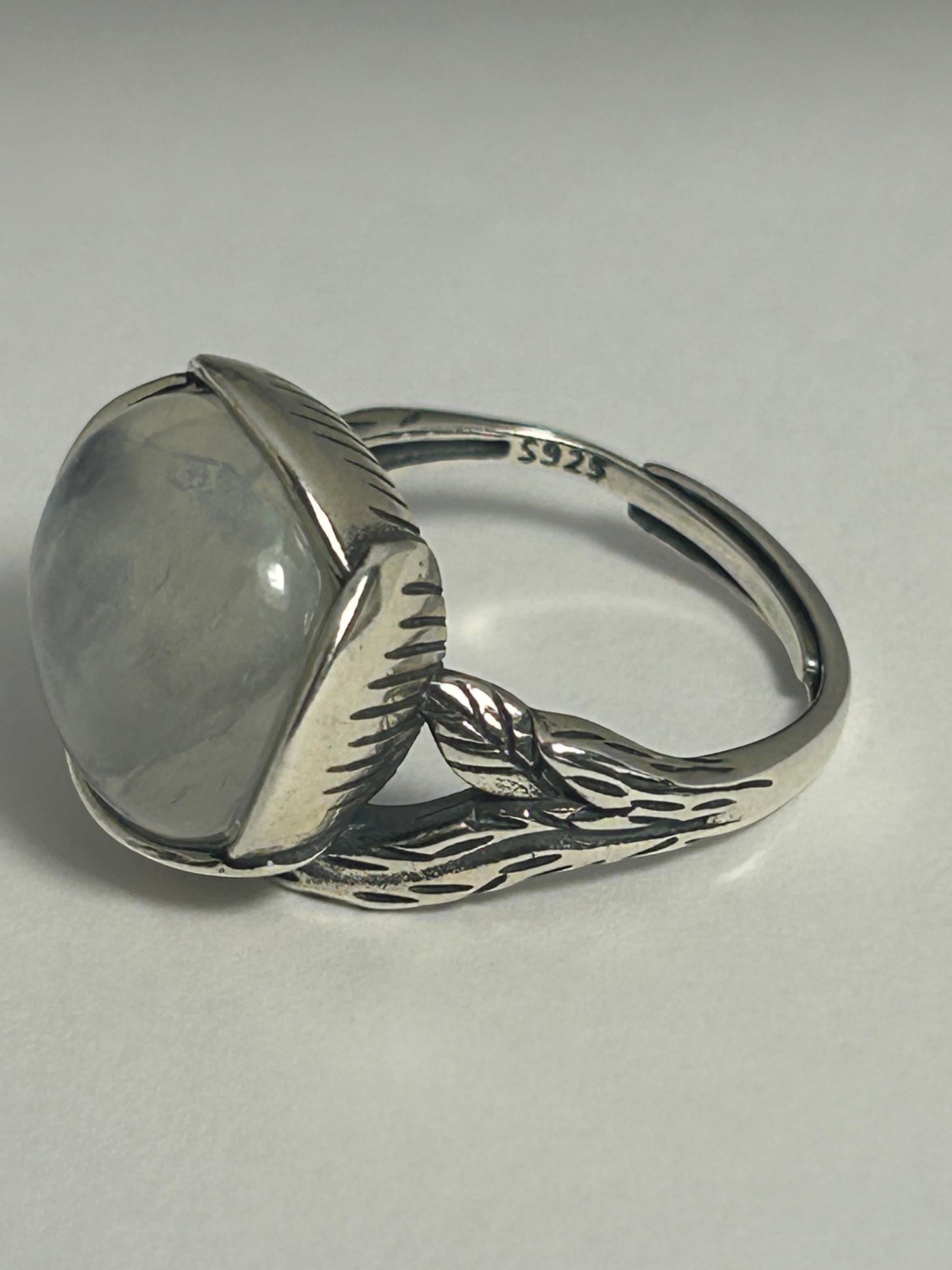 Large Moonstone Ring with Floral Theme • 925 Sterling Silver • Adjustable • Gift box