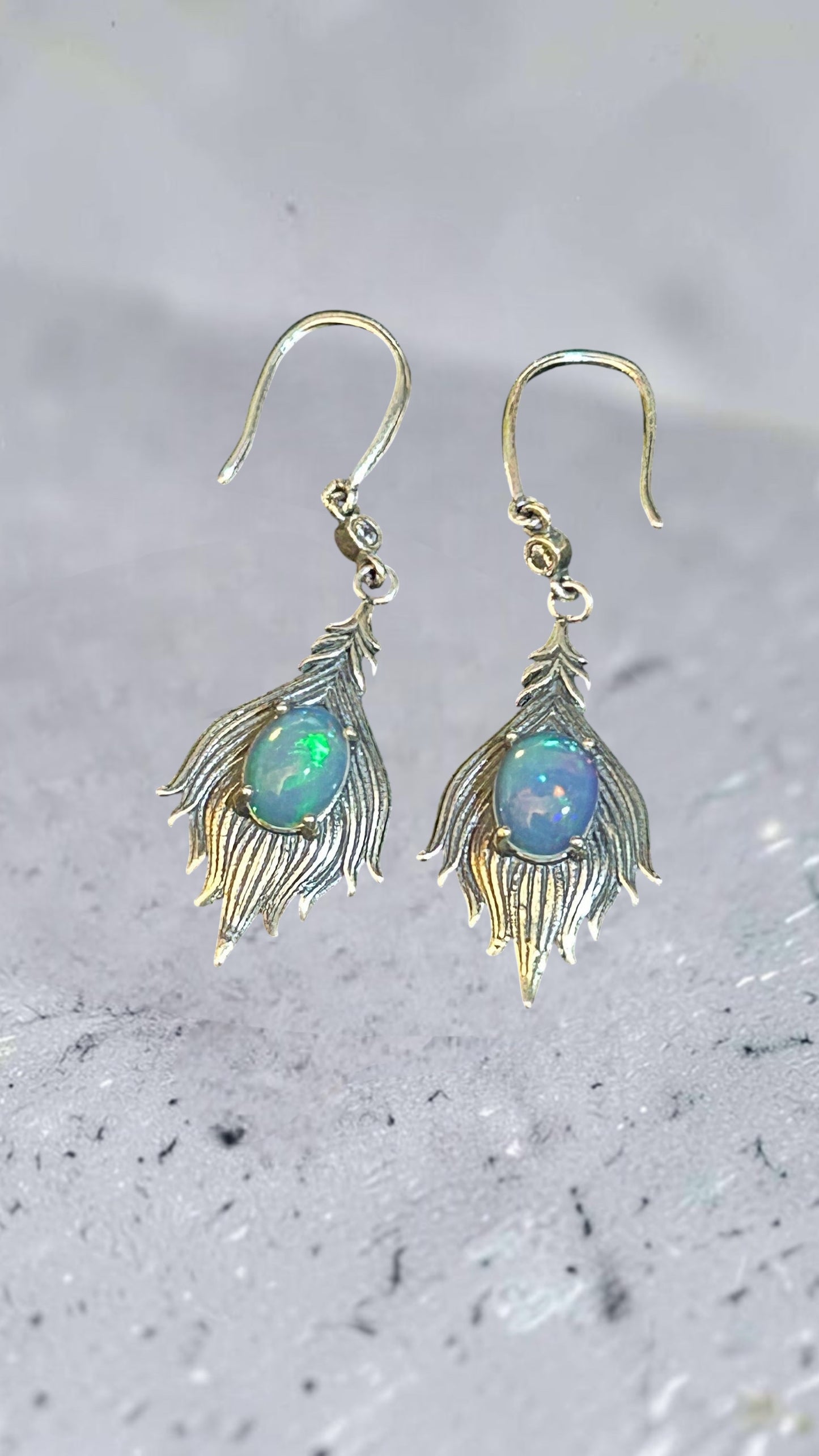 Feather Earrings with Opal Gemstones • 925 Sterling Silver • Gift Box