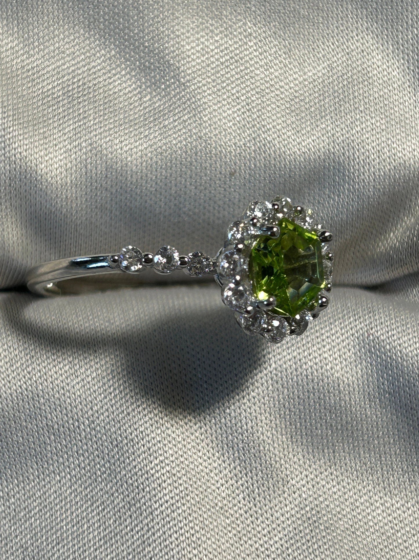 Dainty Peridot Cluster Ring with CZ Accents • 925 Sterling Silver • Adjustable • Gift Box
