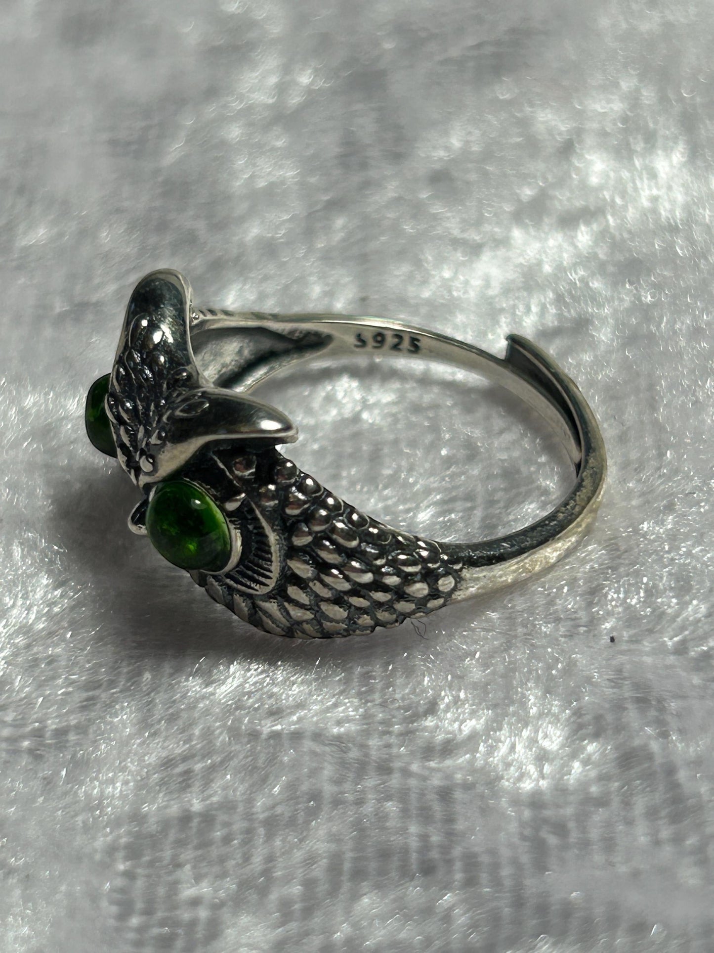 Chunky Owl Ring with Green Diopside Gemstones • 925 Sterling Silver • Adjustable • Gift Box